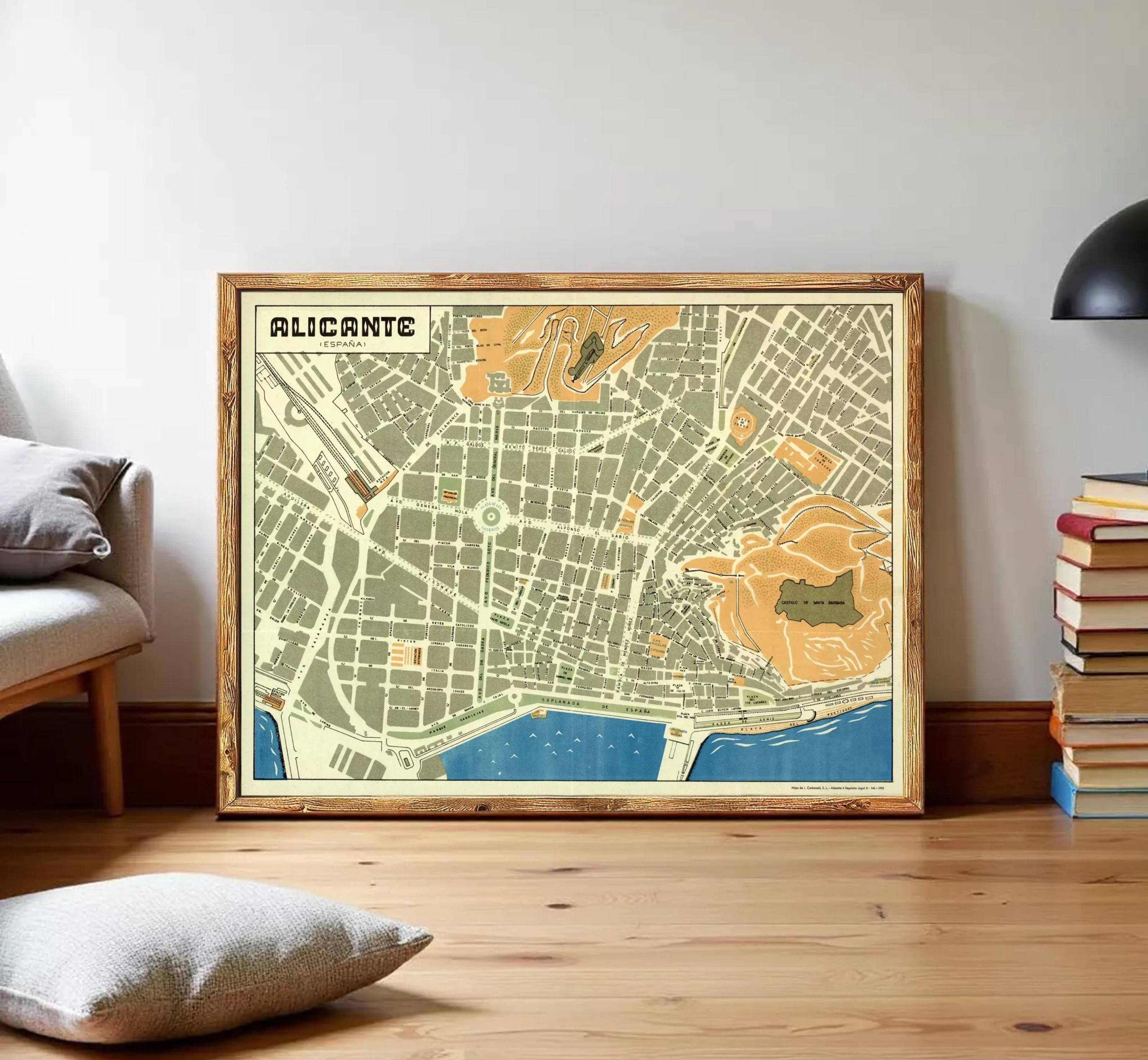 The image is a framed map of the city of Alicante, Spain.