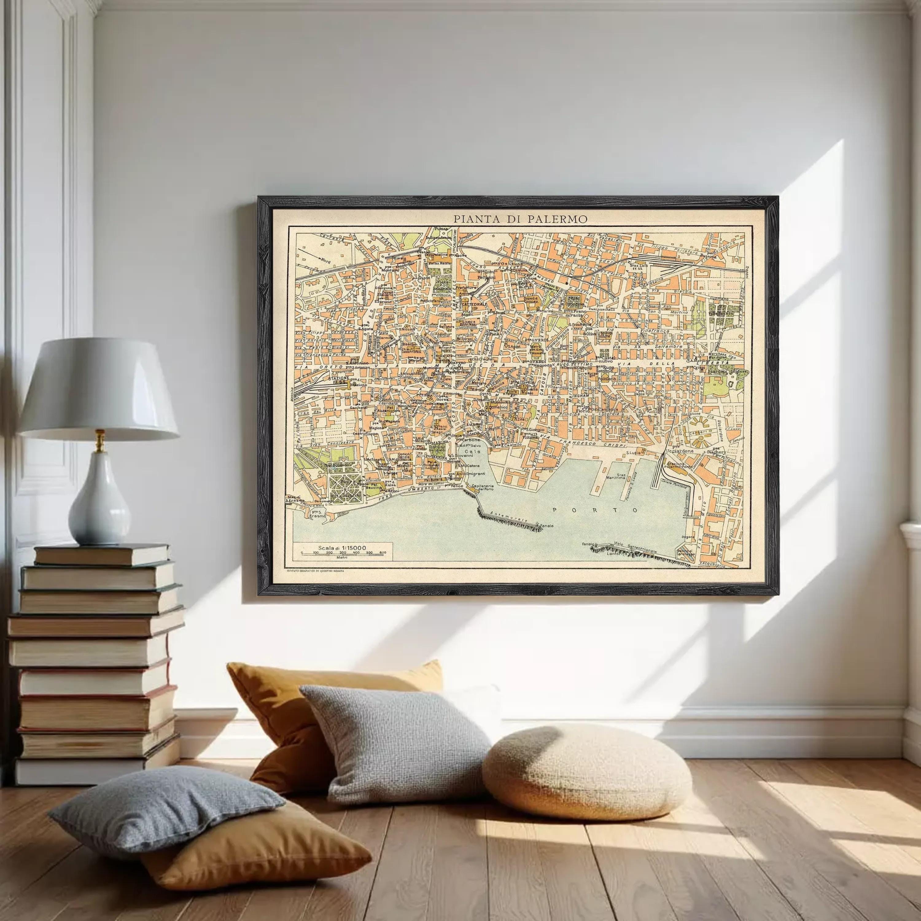 The image is a framed vintage map of the city of Palermo, Italy, depicting the city's streets, landmarks, and surrounding areas.