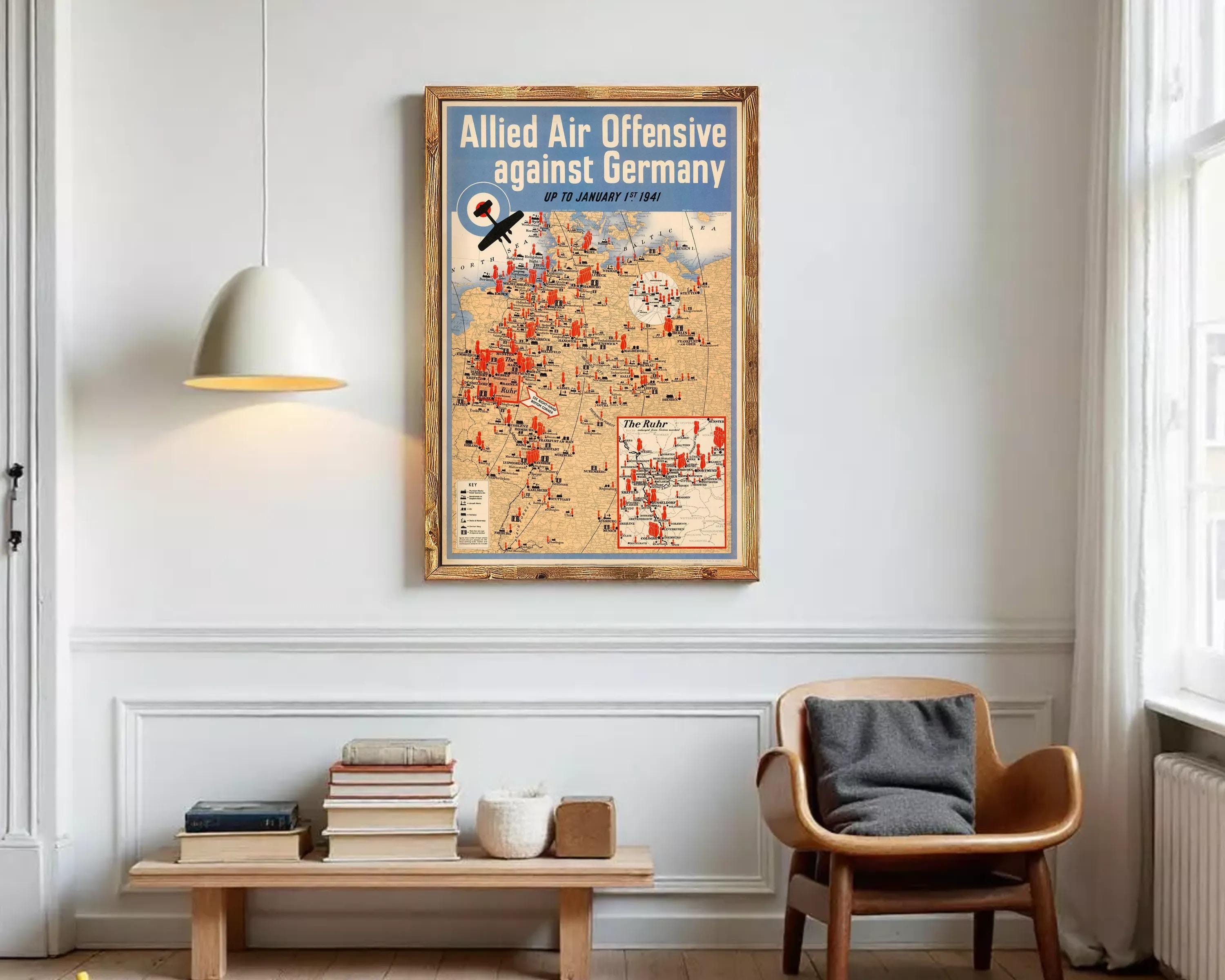 The image is a vintage poster depicting a map of the world with a focus on the Allied Air Offensive against Germany during World War II.