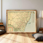 a large framed map of the New South Wales region in Australia, with a wooden floor and a stack of books visible in the background.