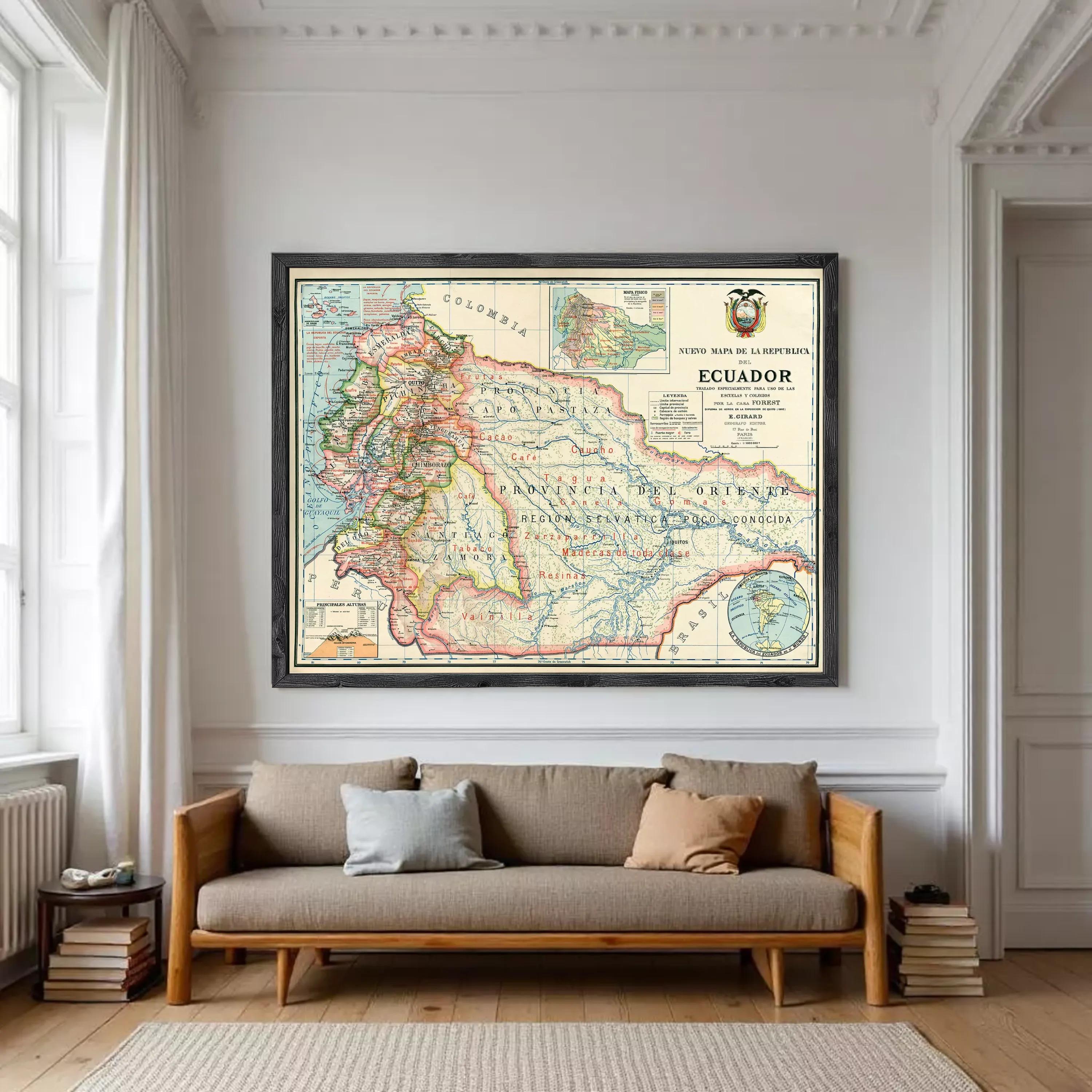 The image is a framed vintage map of Ecuador, depicting the country's geographical layout and surrounding regions.