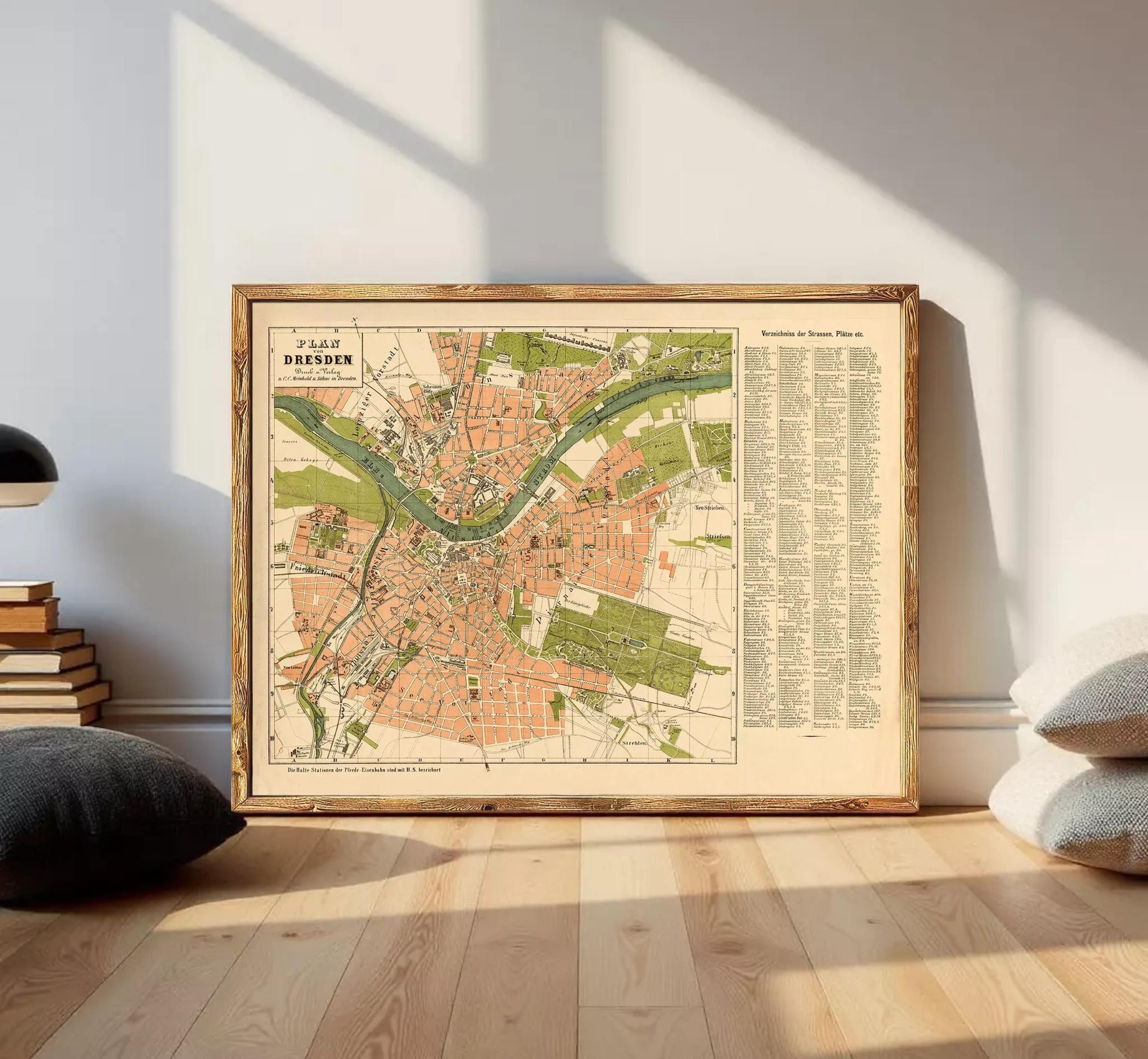 The image is a framed map of Dresden, Germany, depicting the city's layout and surrounding areas.