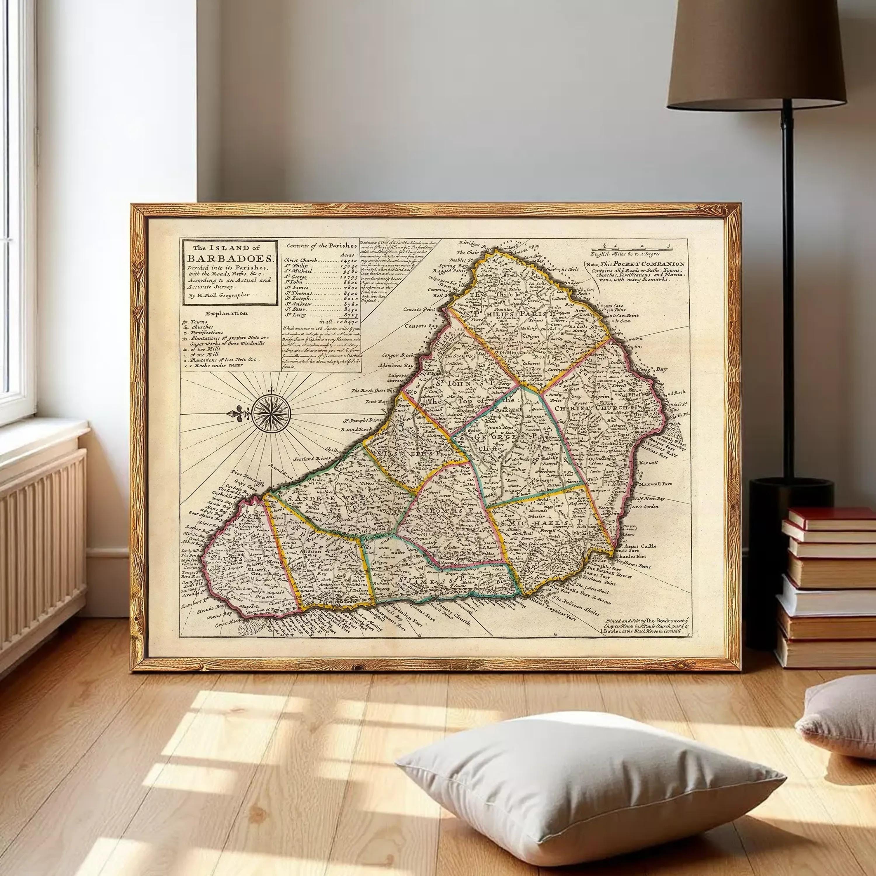 The image is a framed vintage map of the island of Barbados, showing the various geographical features and locations of the island.