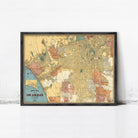 A framed vintage map of Los Angeles, California, with a vintage color palette and detailed street grid.
