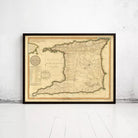 The image is a framed historical map of the Caribbean region, depicting the island of Trinidad and Tobago.