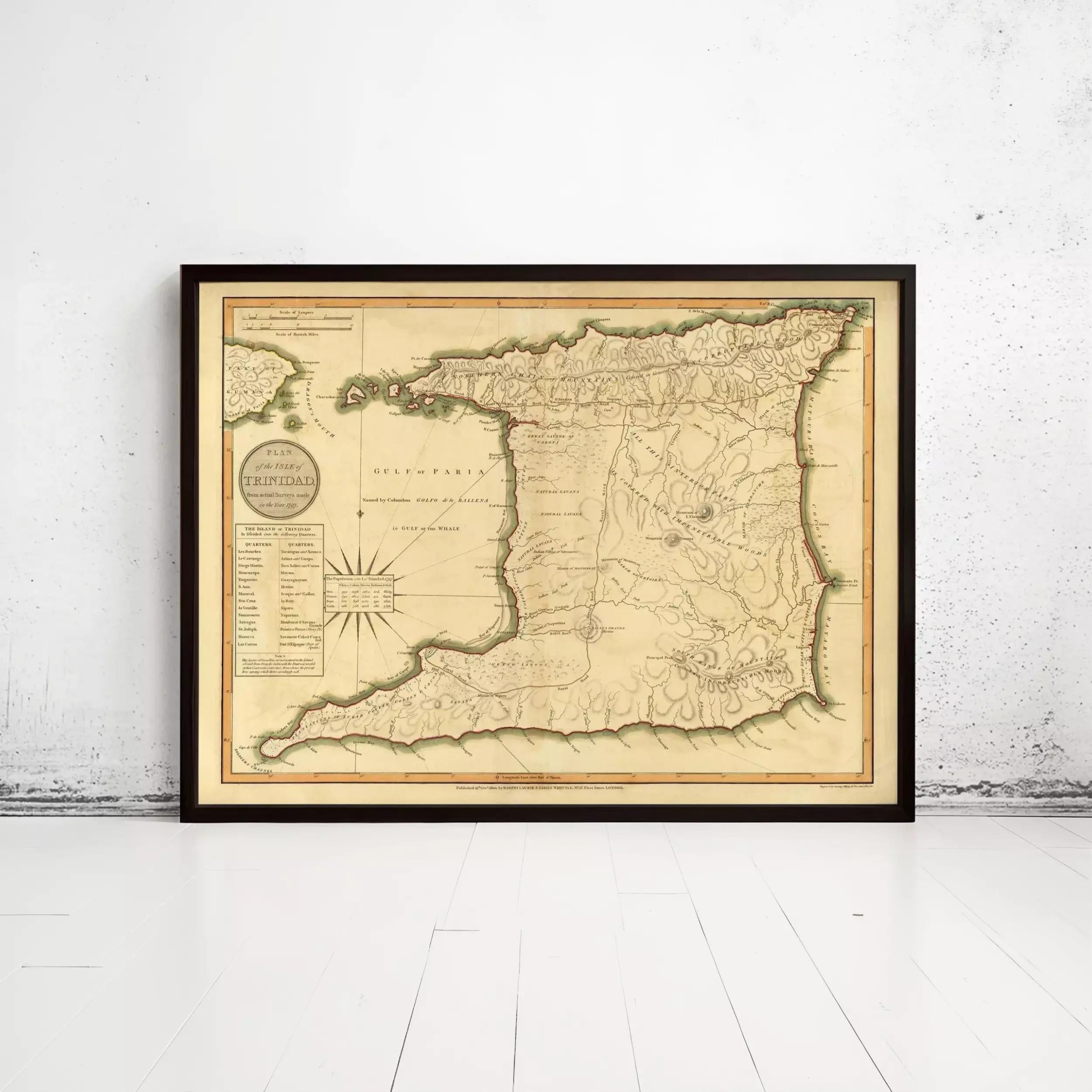 The image is a framed historical map of the Caribbean region, depicting the island of Trinidad and Tobago.