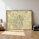 a large framed map of Nuremberg, Germany, with a wooden frame and a vintage style.
