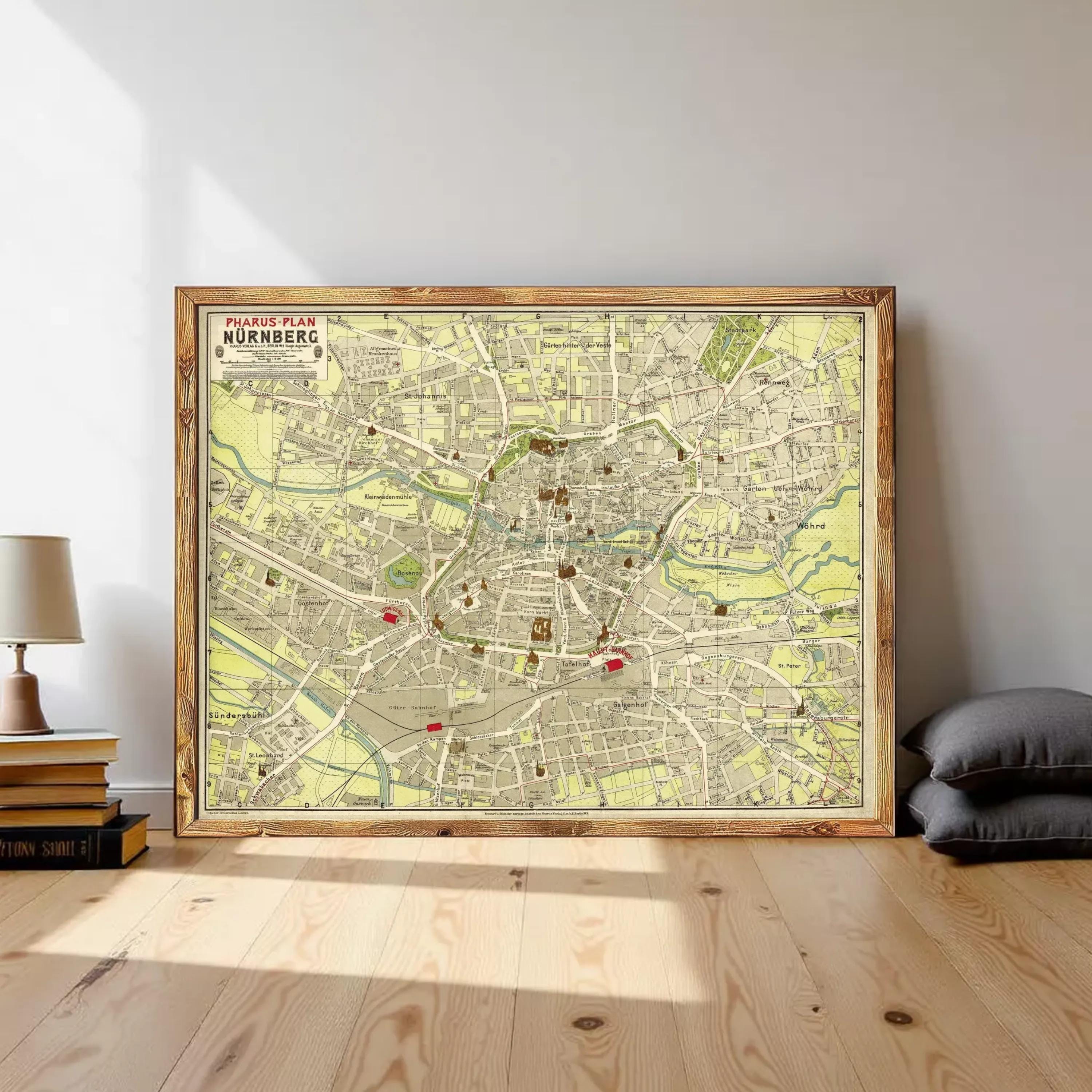 a large framed map of Nuremberg, Germany, with a wooden frame and a vintage style.