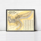 The image is a framed vintage map of a city, likely from China, with detailed geographical information and a color scheme of yellow and black.