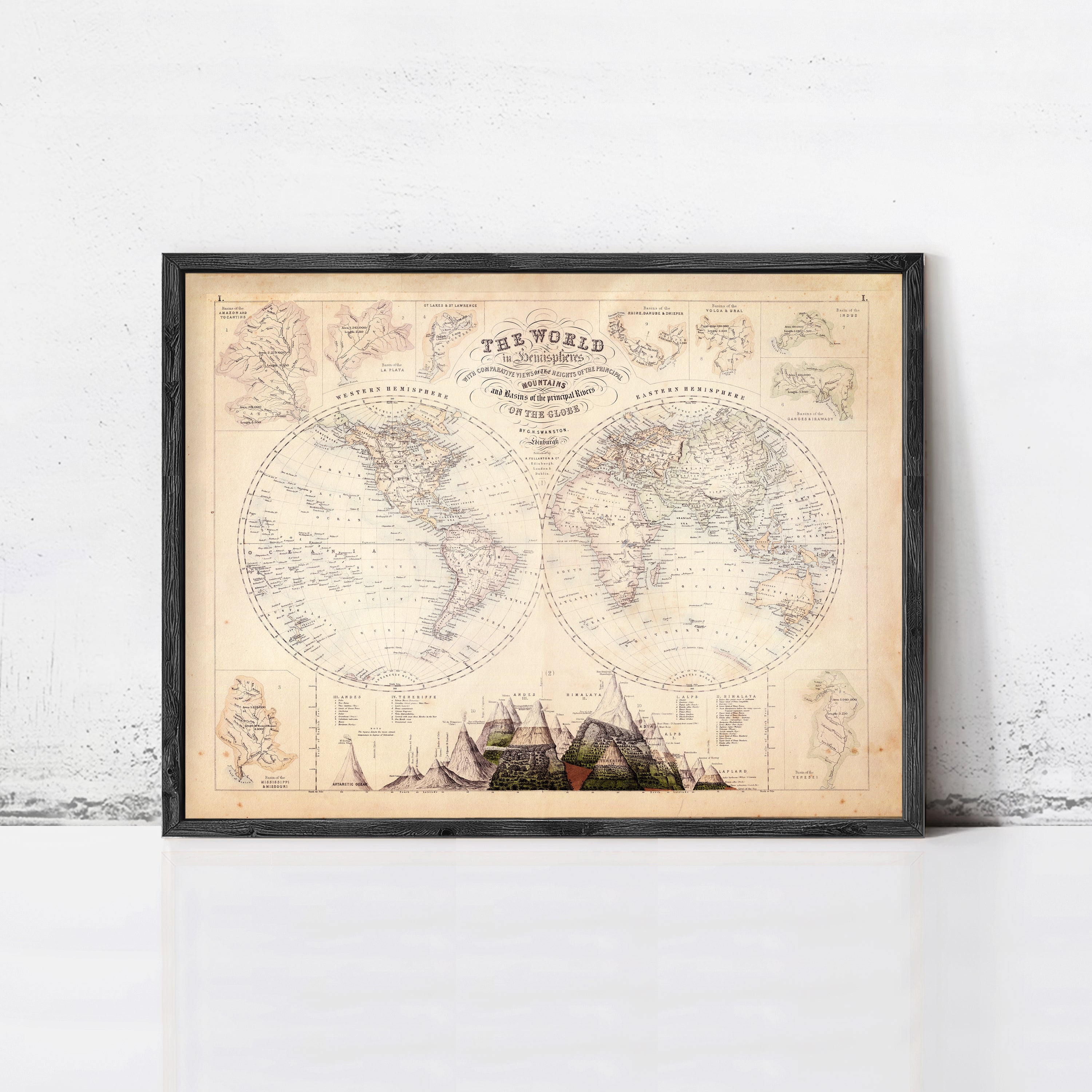 The image is a framed vintage map of the world, depicting the continents and oceans in a detailed and intricate manner.