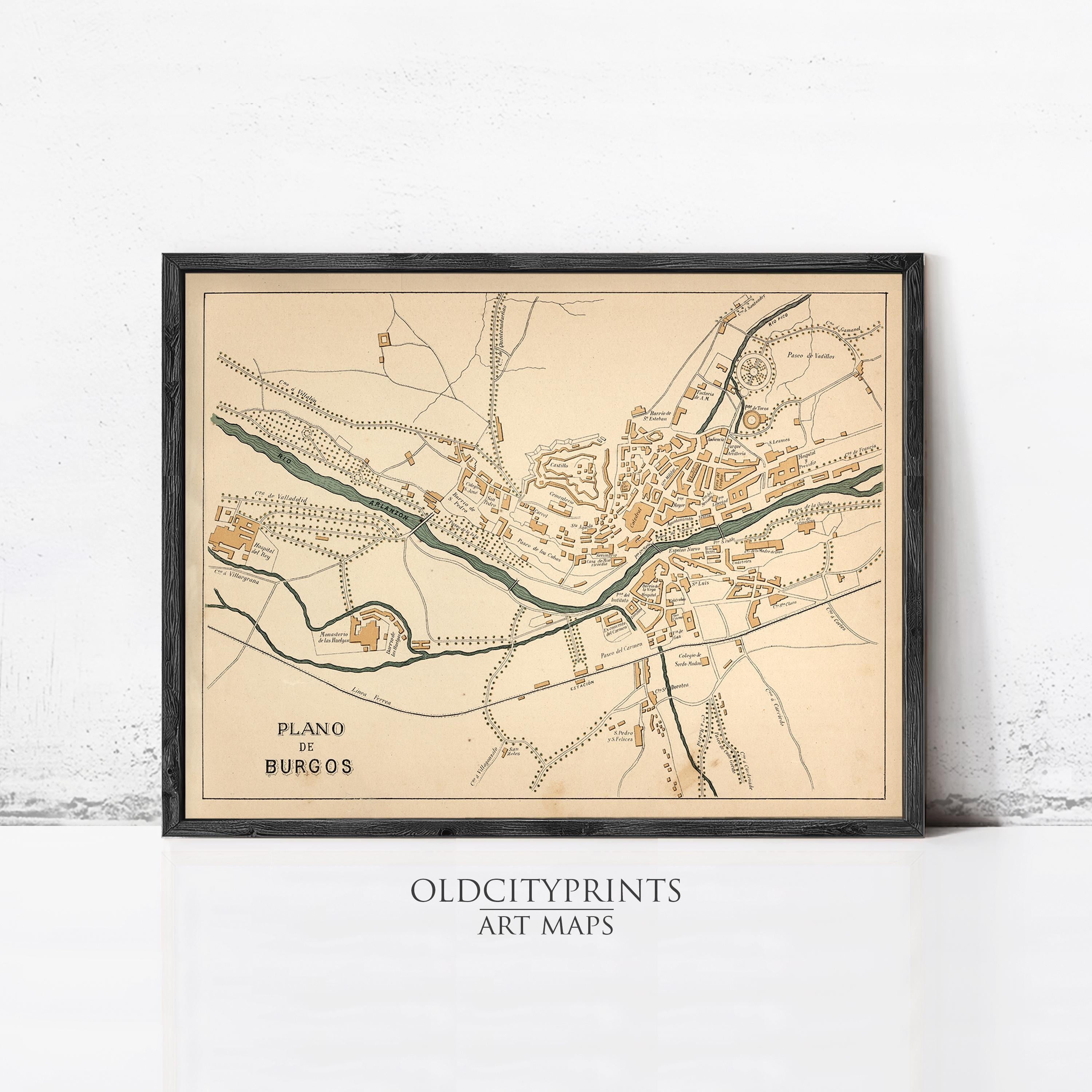 The image is a framed vintage map of the city of Burgos, depicting the layout and surrounding areas.