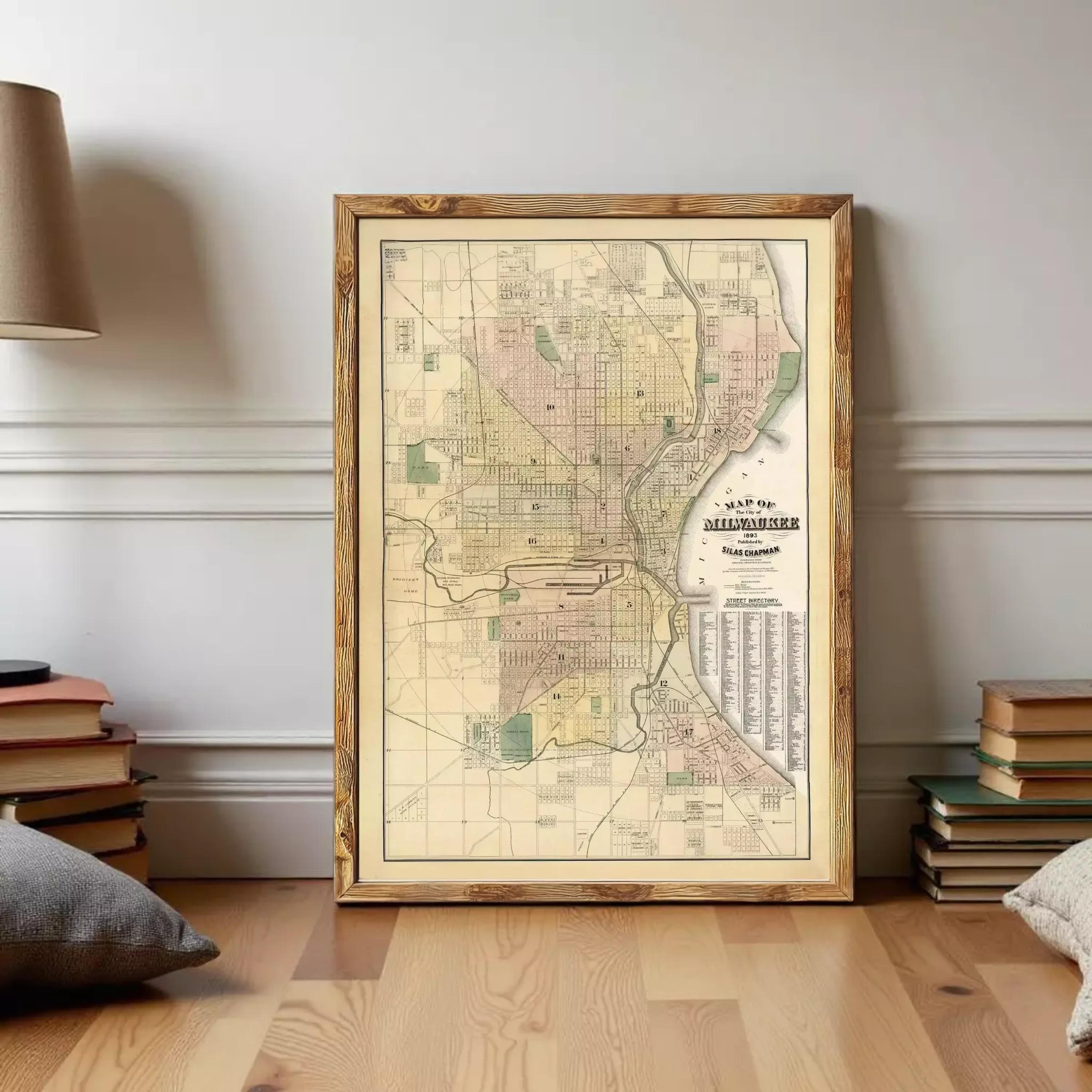 The image is a framed map of Milwaukee, Wisconsin, showing the city's streets and surrounding areas.