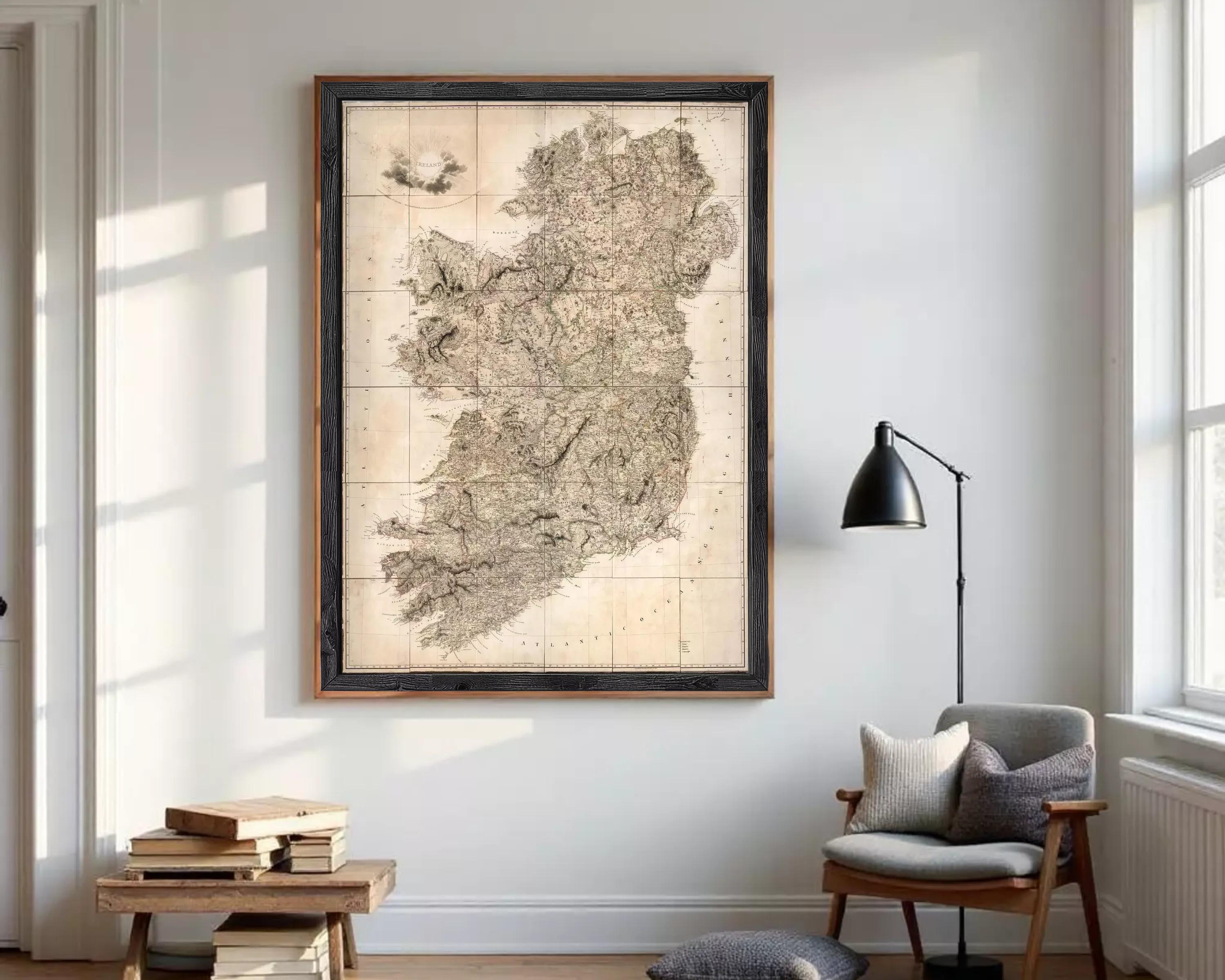 The image is a framed map of Ireland, showing the country's geographical layout and surrounding areas.