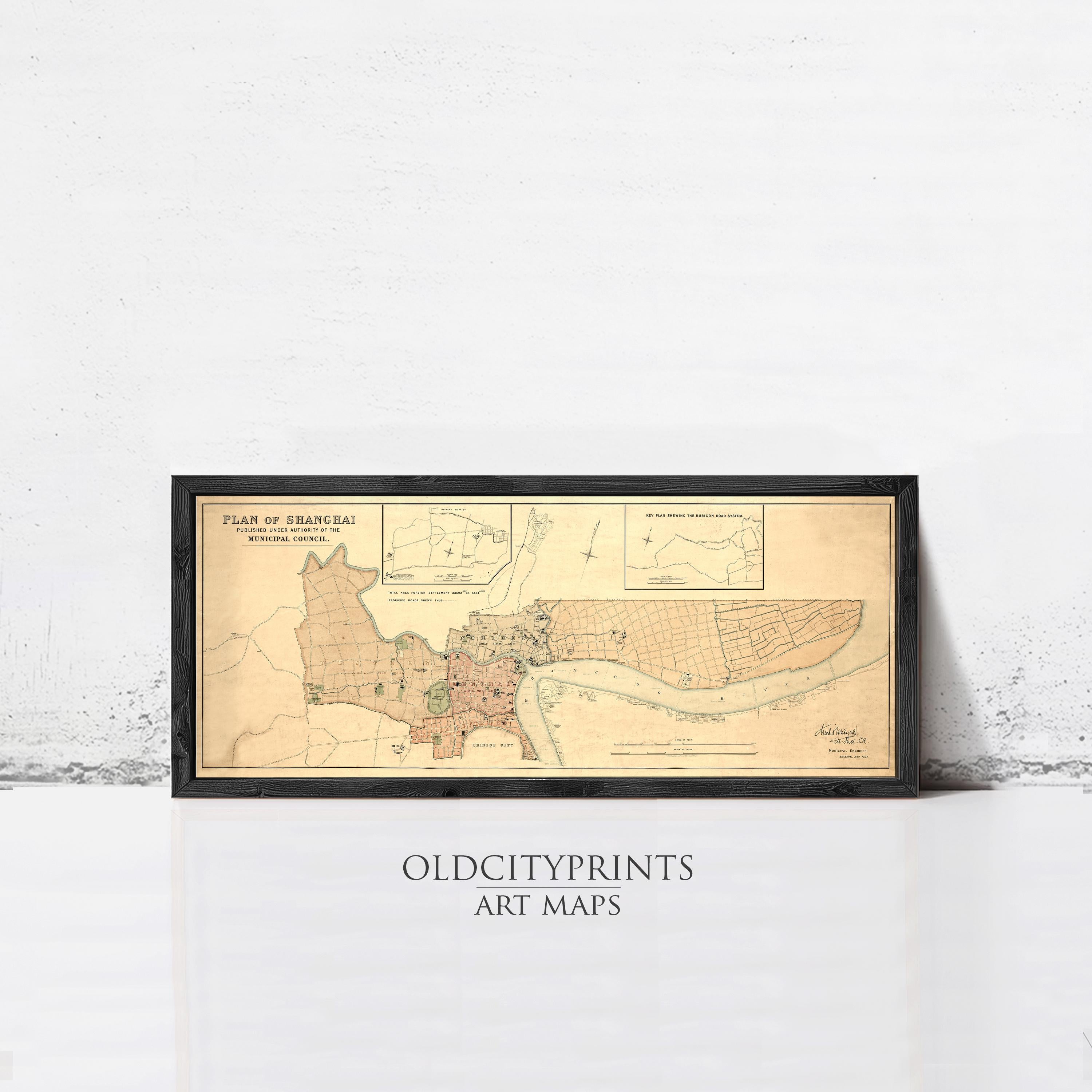 A framed map of Shanghai, China, with a vintage style and a black border.