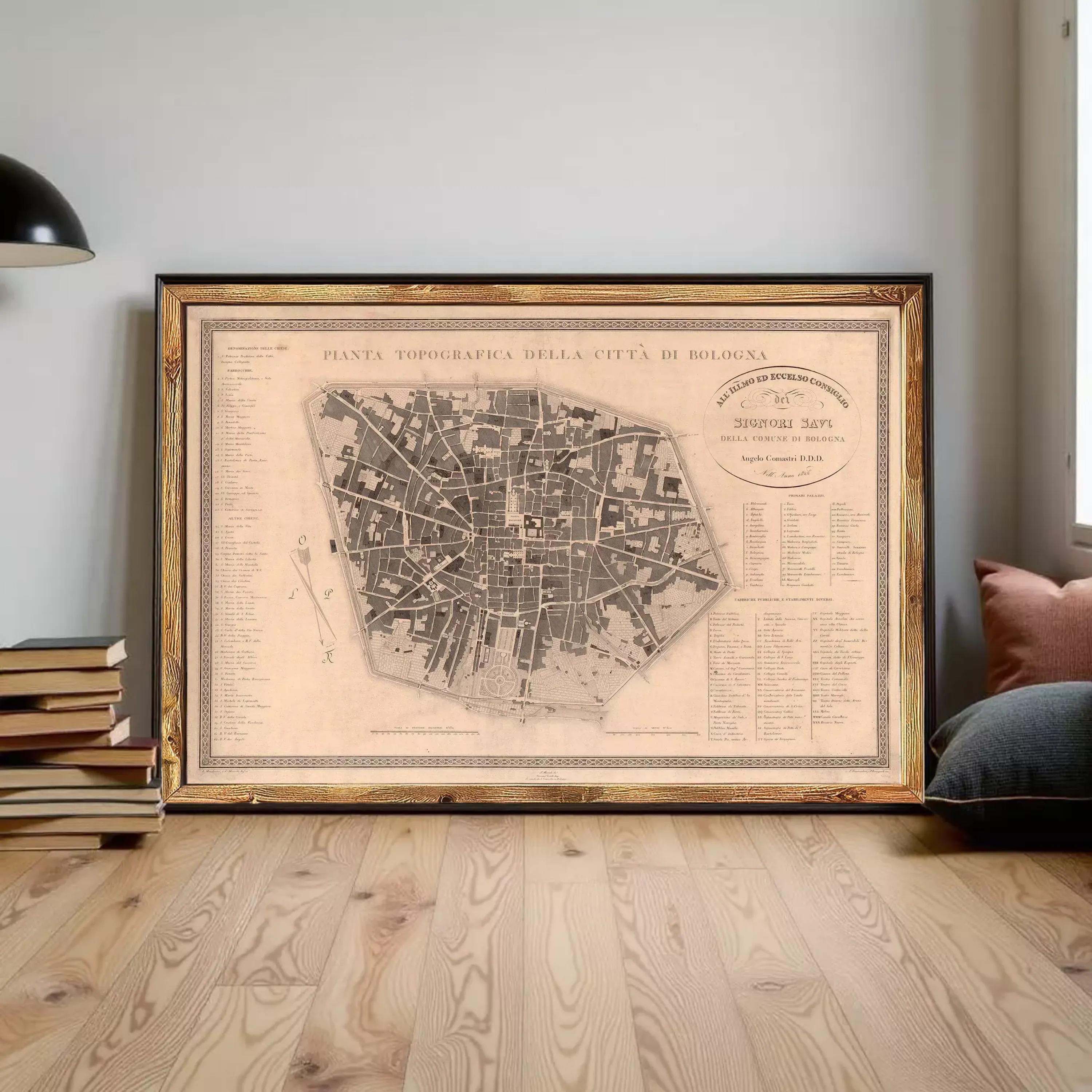 The image is a framed map of a city, likely in Italy, with detailed street names and labels.