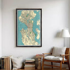 The image is a framed map of Seattle, Washington, with a black border and a light blue background.