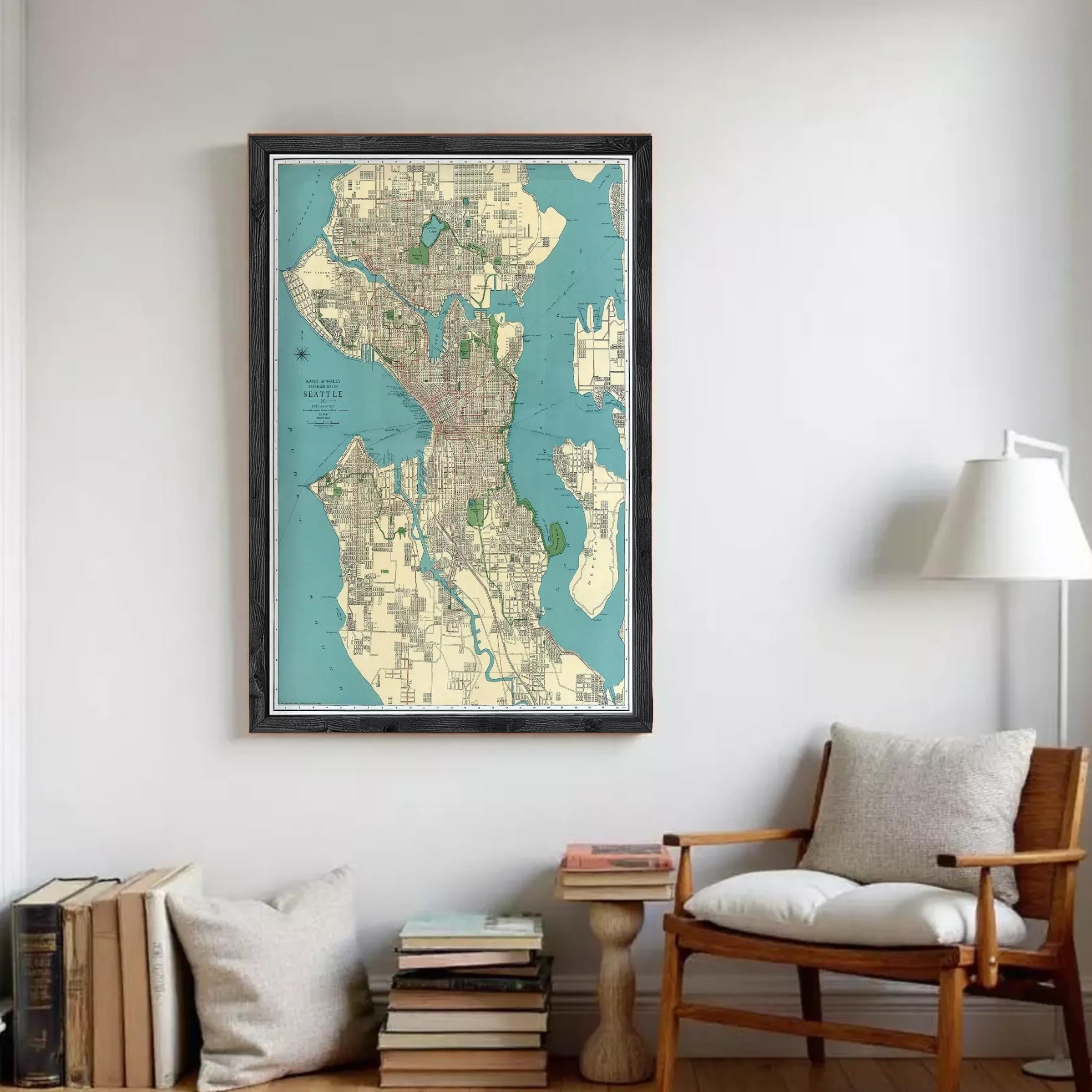 The image is a framed map of Seattle, Washington, with a black border and a light blue background.