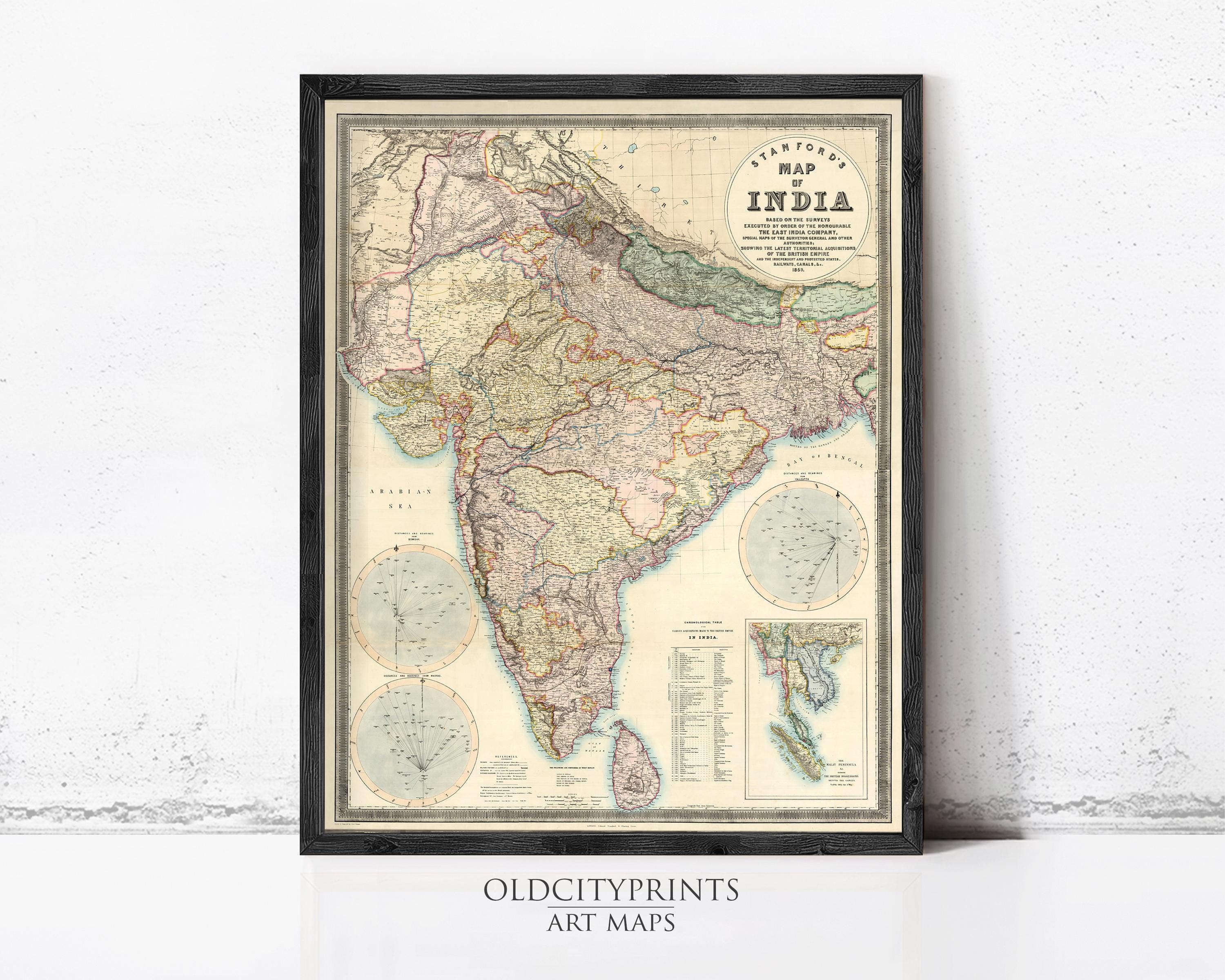 The image is a framed vintage map of India, depicting the country's geographical layout and boundaries.