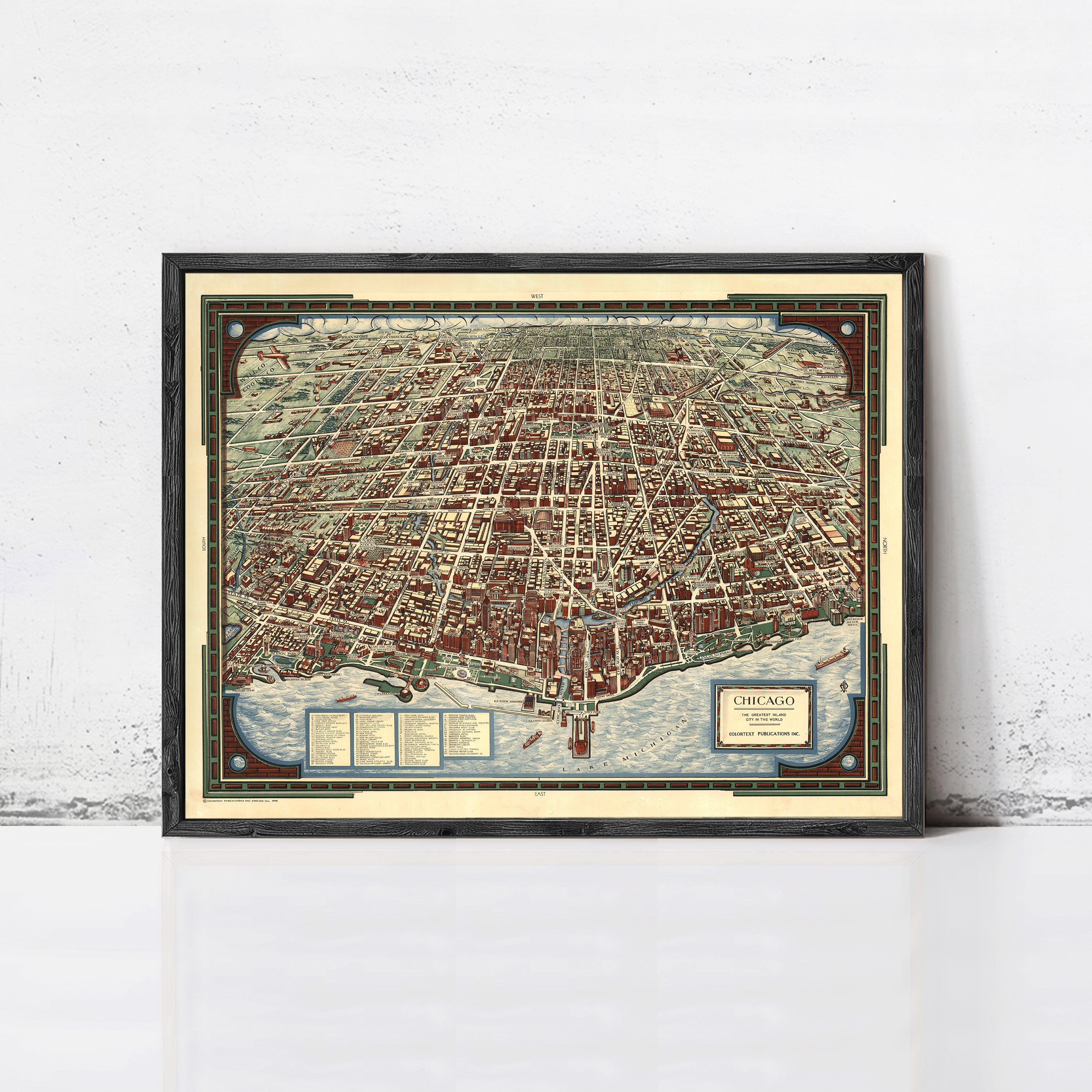 The image is a framed vintage map of Chicago, Illinois, United States.