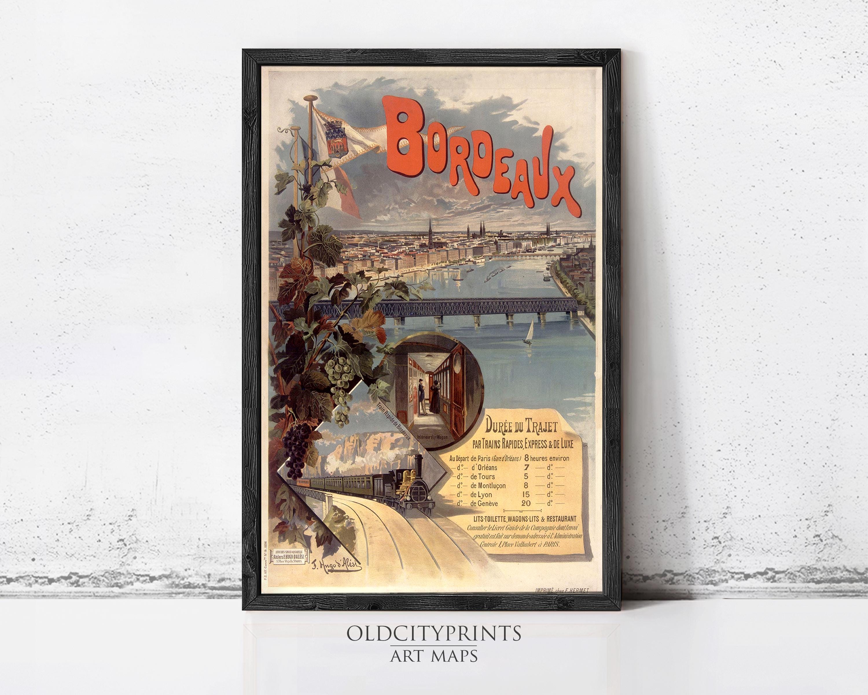 The image is a vintage advertisement poster for Bordeaux, France, featuring a scenic view of the city and a train.