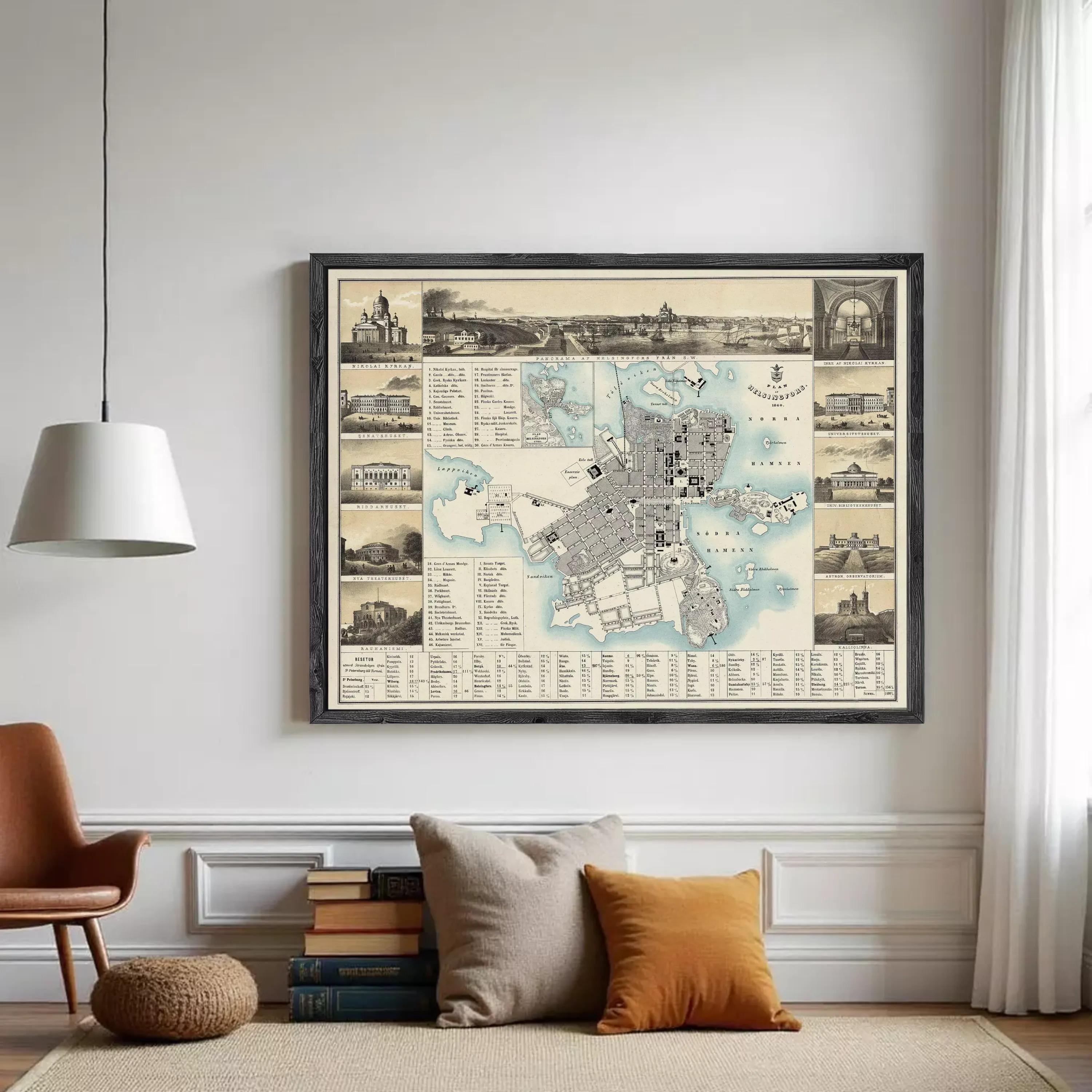 The image is a framed vintage map of a city, featuring various landmarks and buildings depicted in a collage-like arrangement.
