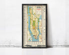 The image is a framed vintage map of New York City, depicting the city's streets, landmarks, and waterways.