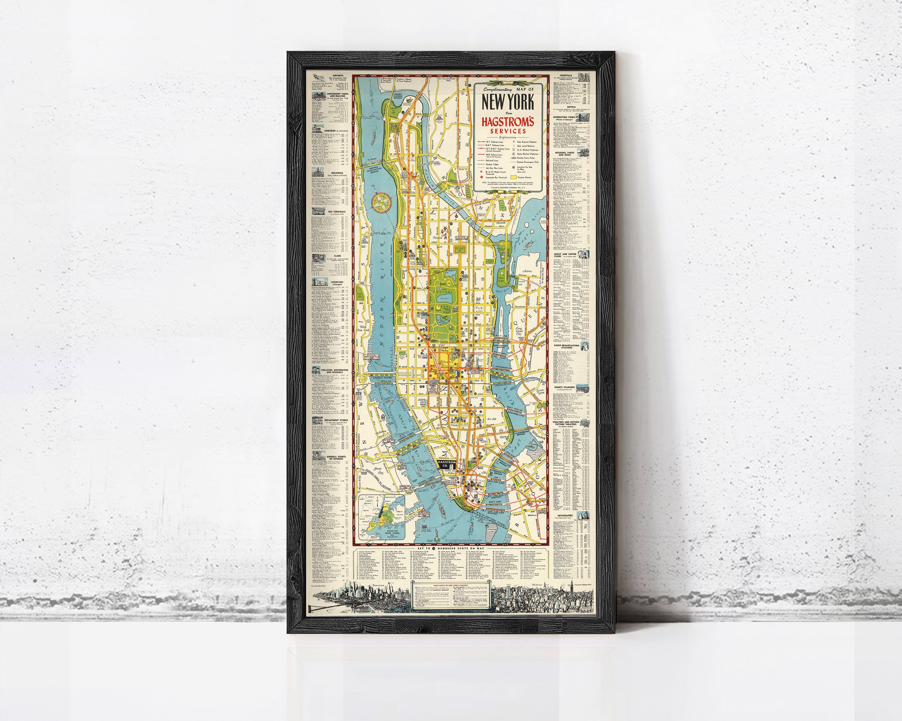 The image is a framed vintage map of New York City, depicting the city's streets, landmarks, and waterways.
