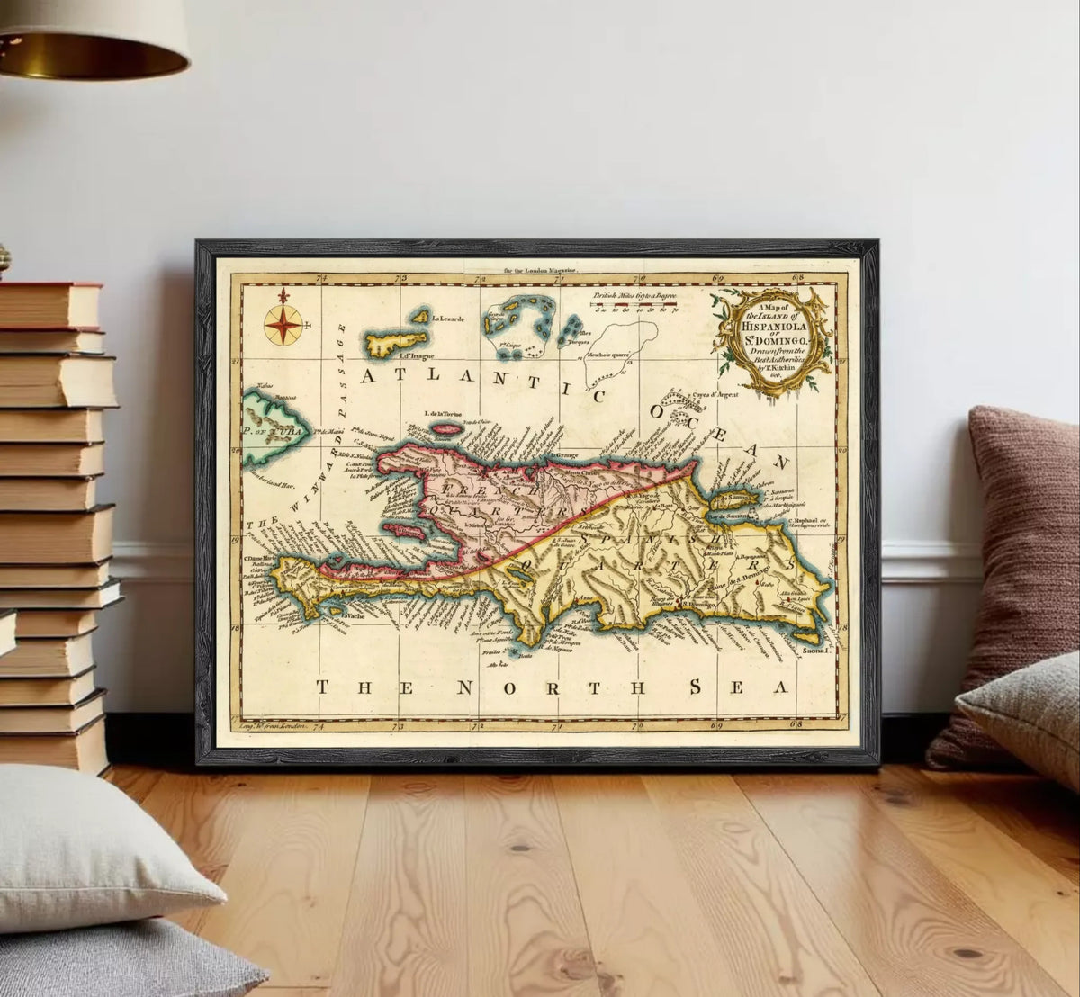 The image is a framed vintage map of the Caribbean Sea, including the island of Cuba, with a focus on the North Sea.
