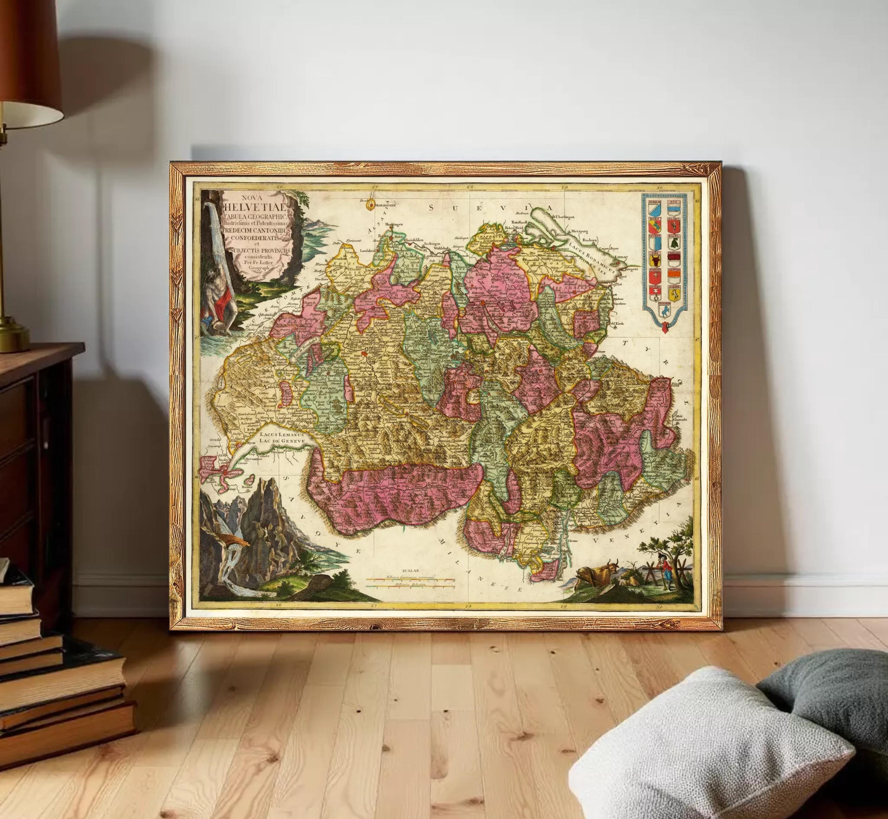 The image is a framed antique map of Europe, featuring detailed illustrations and colorful landmasses.