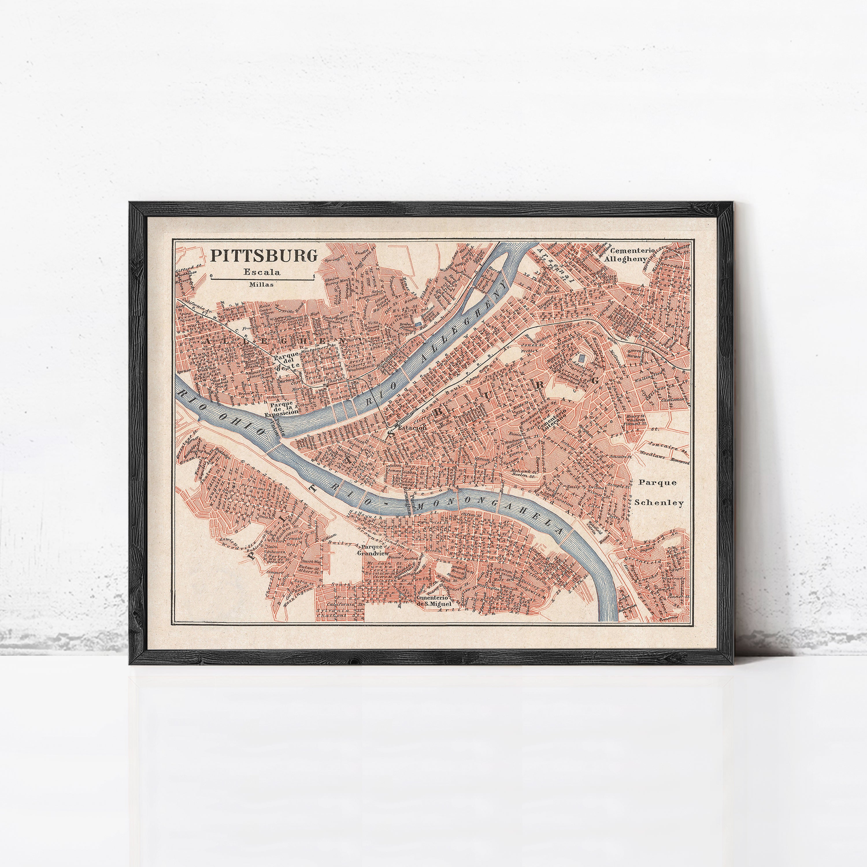 The image is a framed vintage map of Pittsburgh, Pennsylvania, United States.