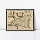 The image is a framed antique map of Sicily, Italy, depicting the island's geographical layout and surrounding areas.