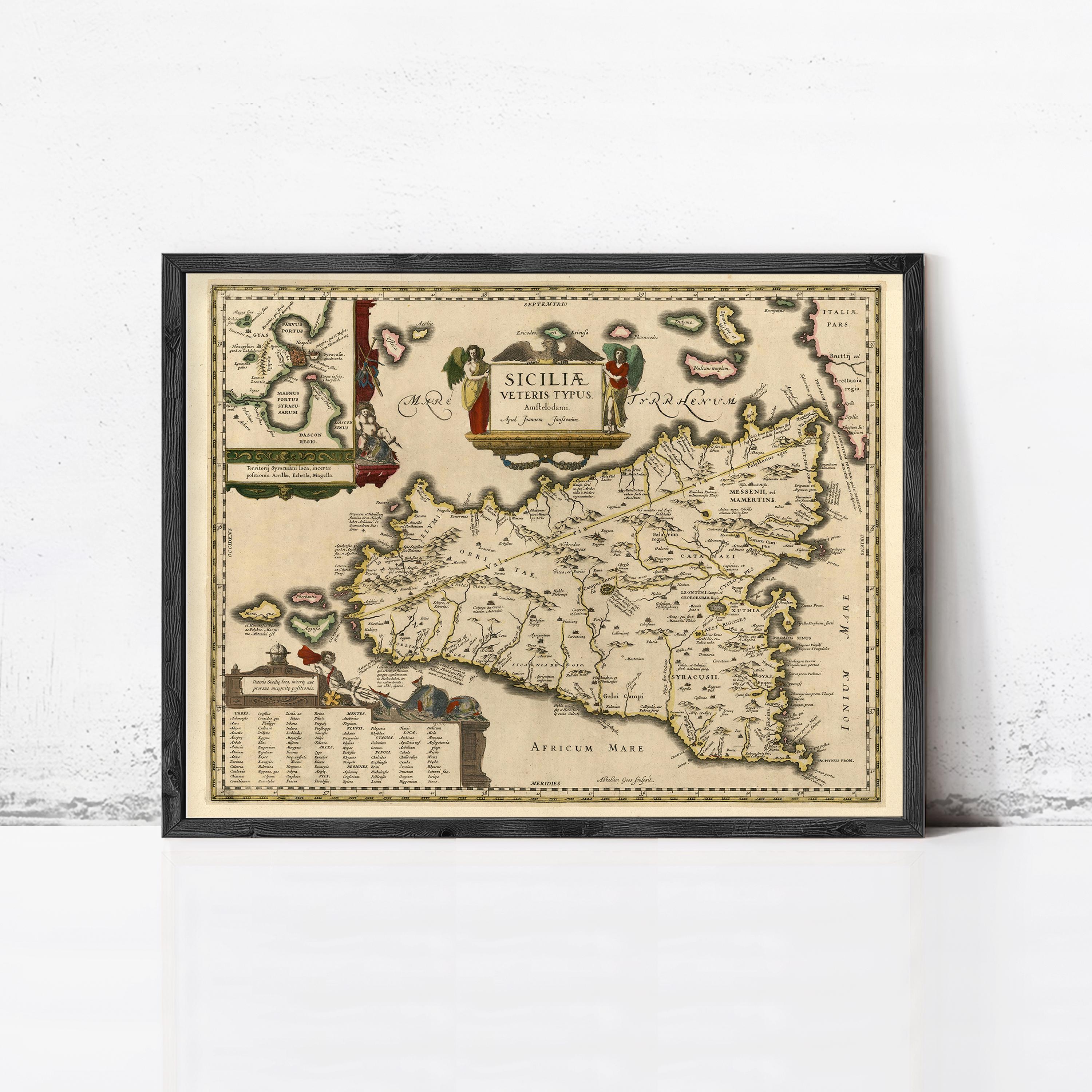 The image is a framed antique map of Sicily, Italy, depicting the island's geographical layout and surrounding areas.