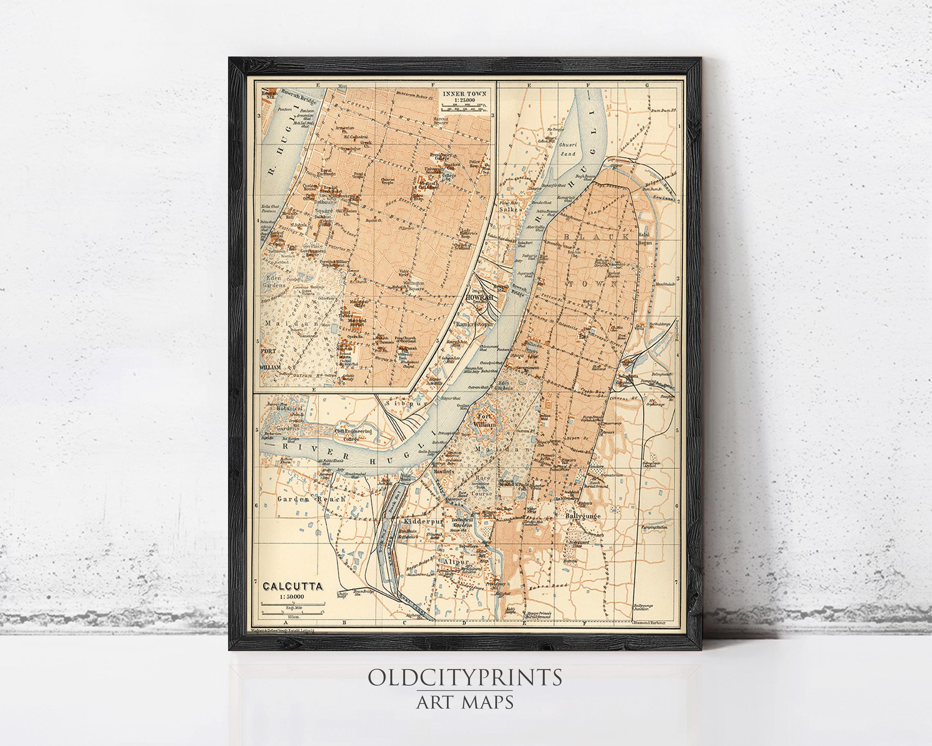 The image is a framed vintage map of Calcutta, India, depicting various landmarks and geographical features.