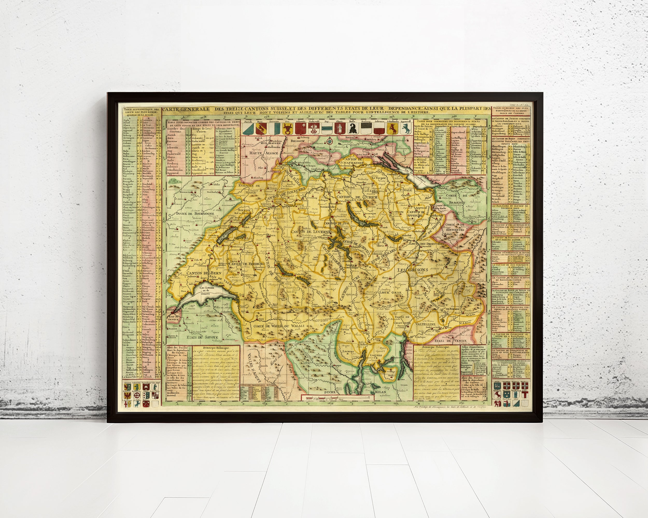 The image is a framed vintage map of Switzerland, depicting the country's geographical layout and various landmarks.