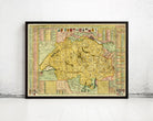 The image is a framed vintage map of Switzerland, depicting the country's geographical layout and various landmarks.