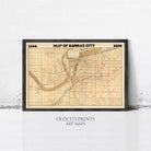 The image is a framed vintage map of Kansas City from 1866, depicting the city's layout and surrounding areas.
