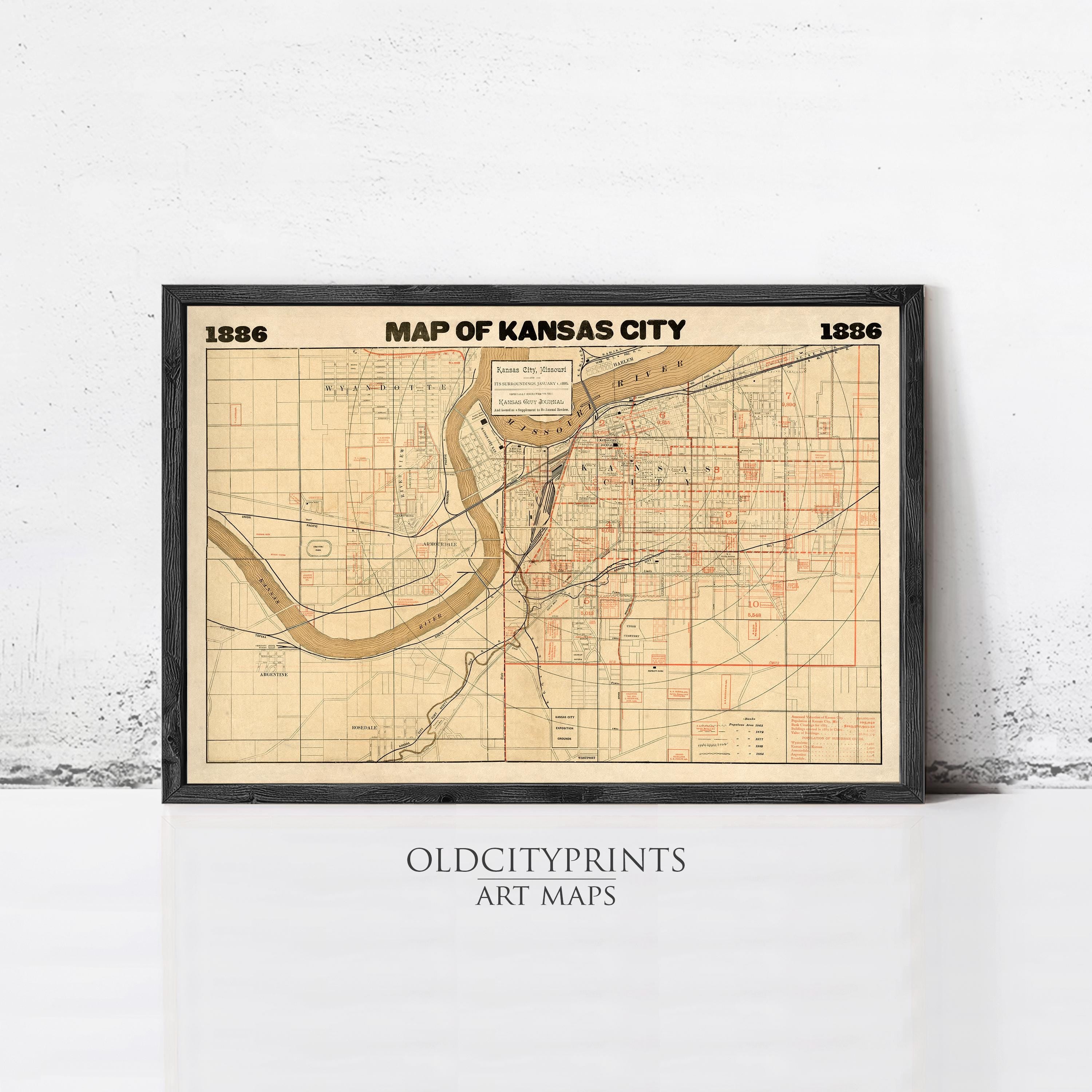 The image is a framed vintage map of Kansas City from 1866, depicting the city's layout and surrounding areas.