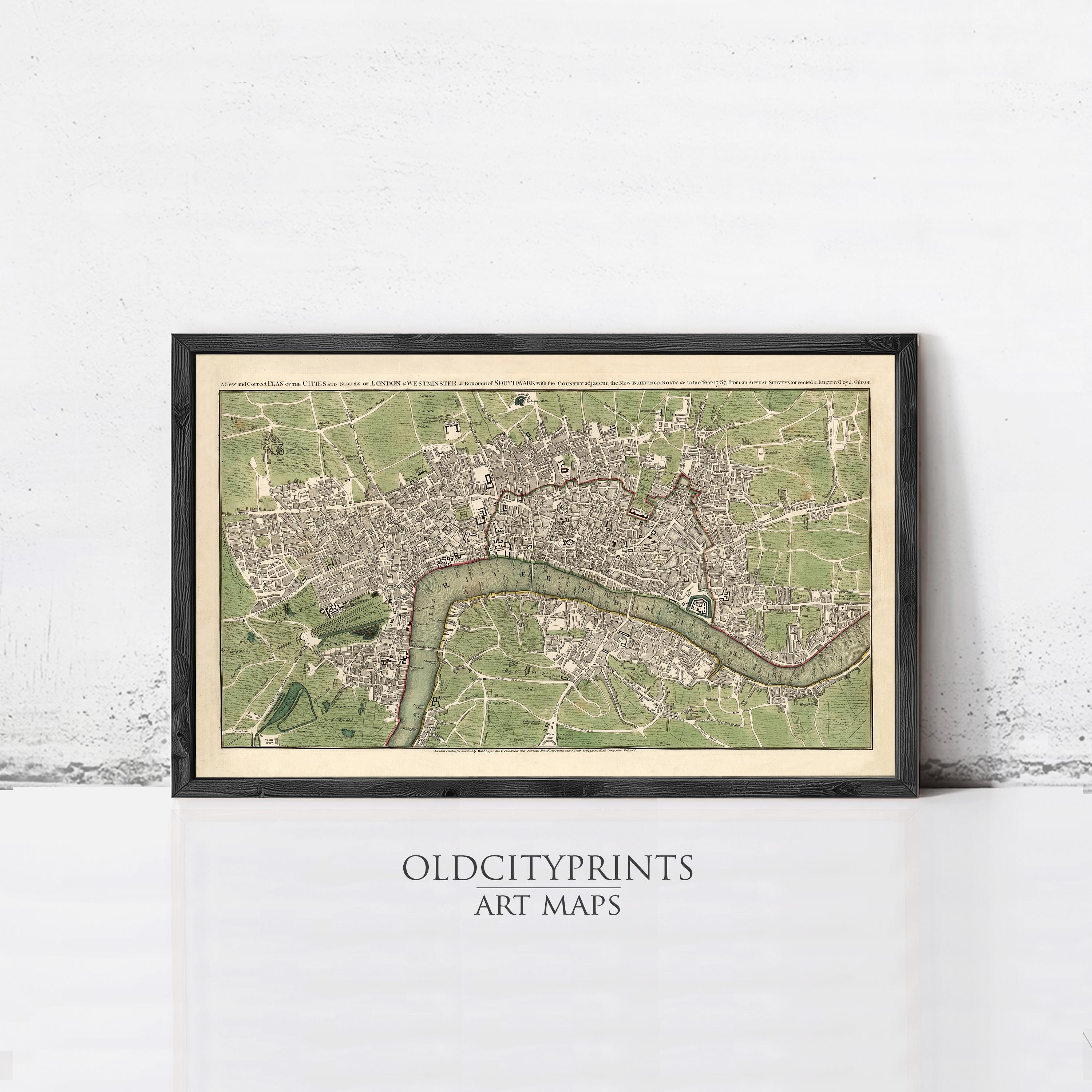 The image is a framed art print depicting a map of London, England.