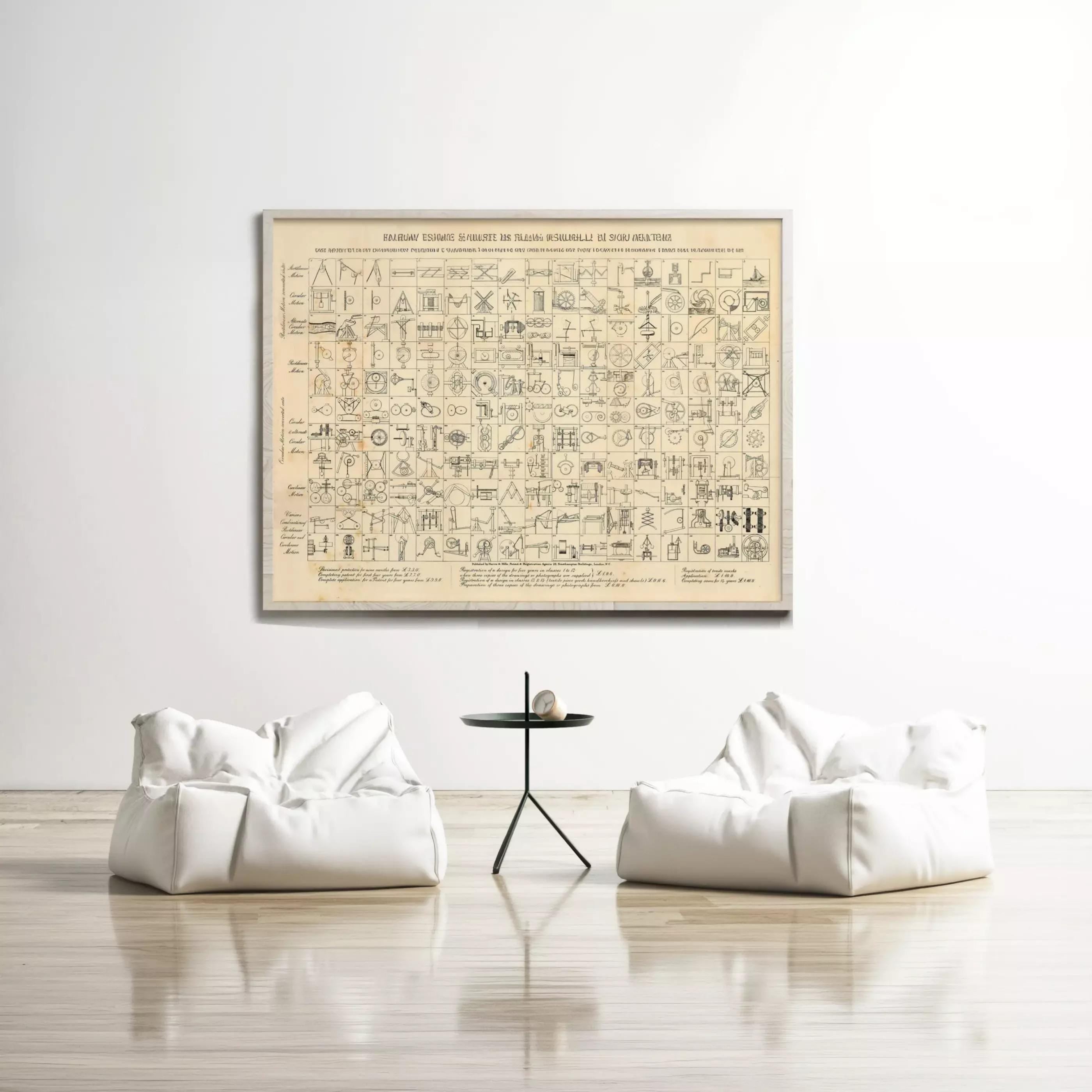 a large framed poster of a map hanging on a white wall, with two white bean bag chairs positioned in front of it.