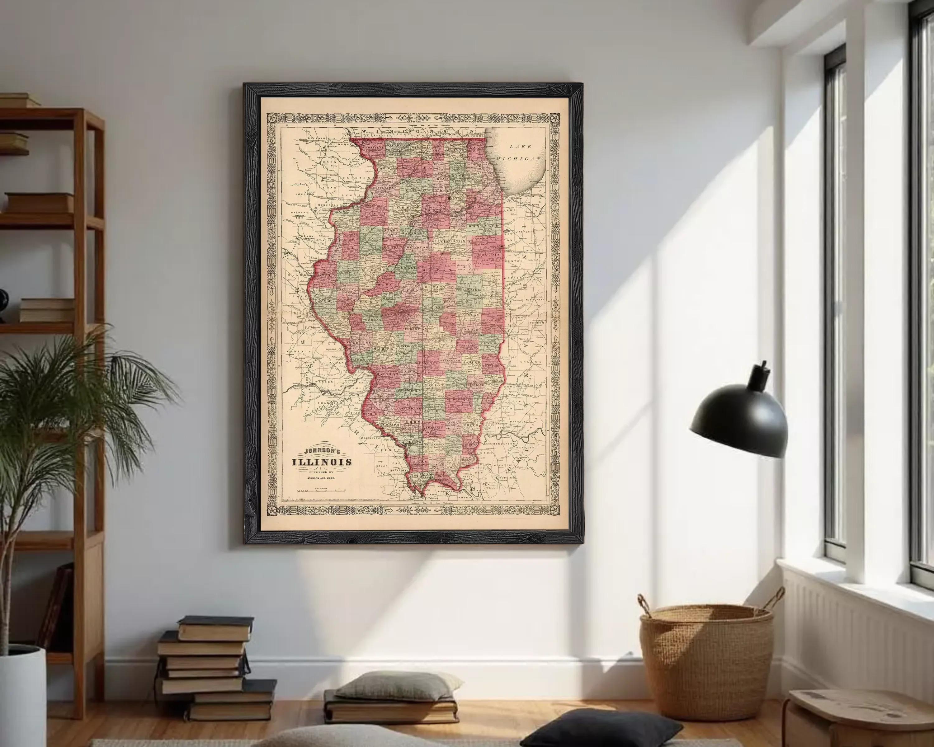 The image is a framed map of Illinois, a state in the United States.