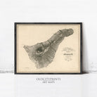 The image is a framed antique map of the island of Tenerife, depicting the island's geographical features and layout.