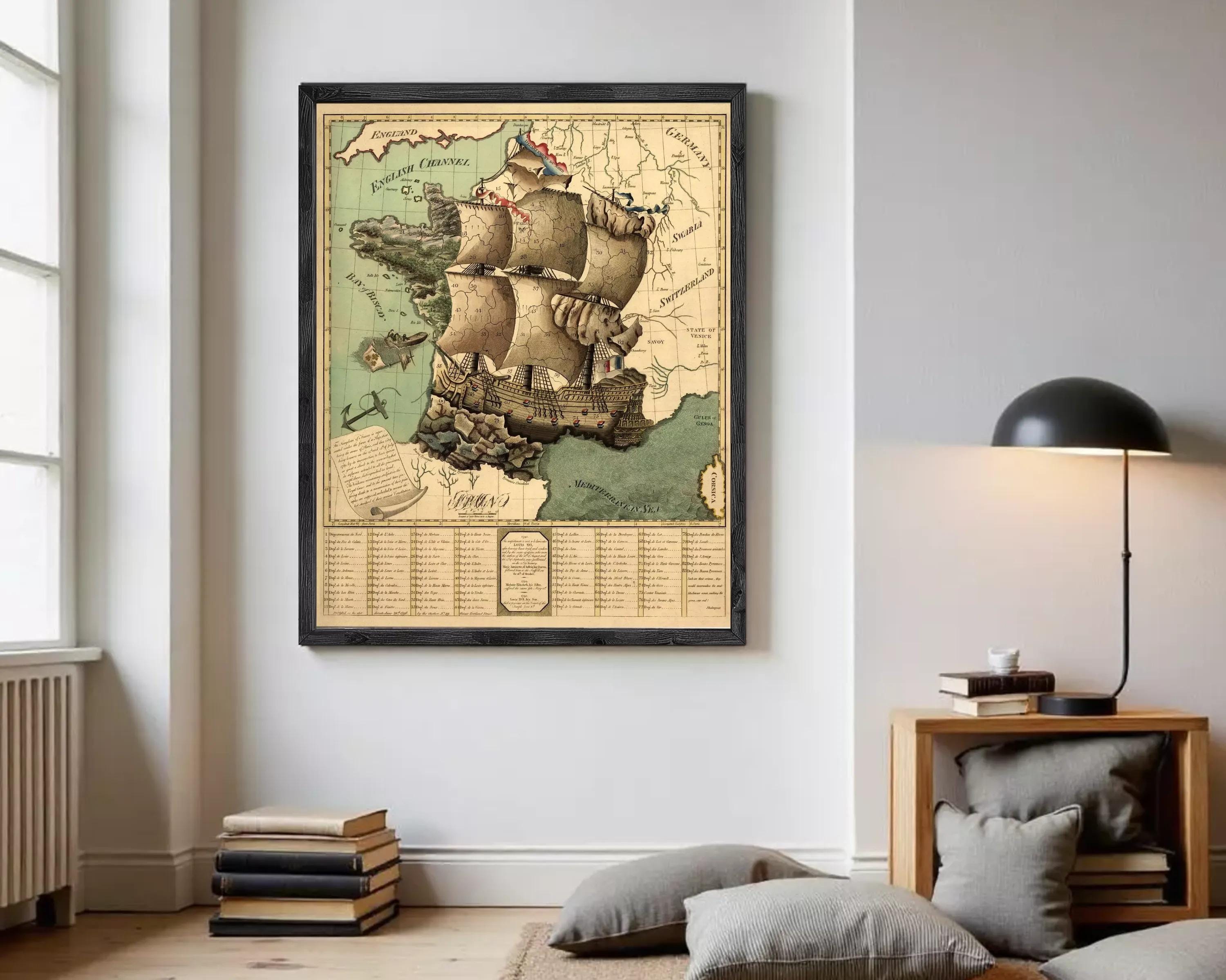 The image is a framed vintage map depicting a sailing ship on the ocean, with various geographical and nautical elements.