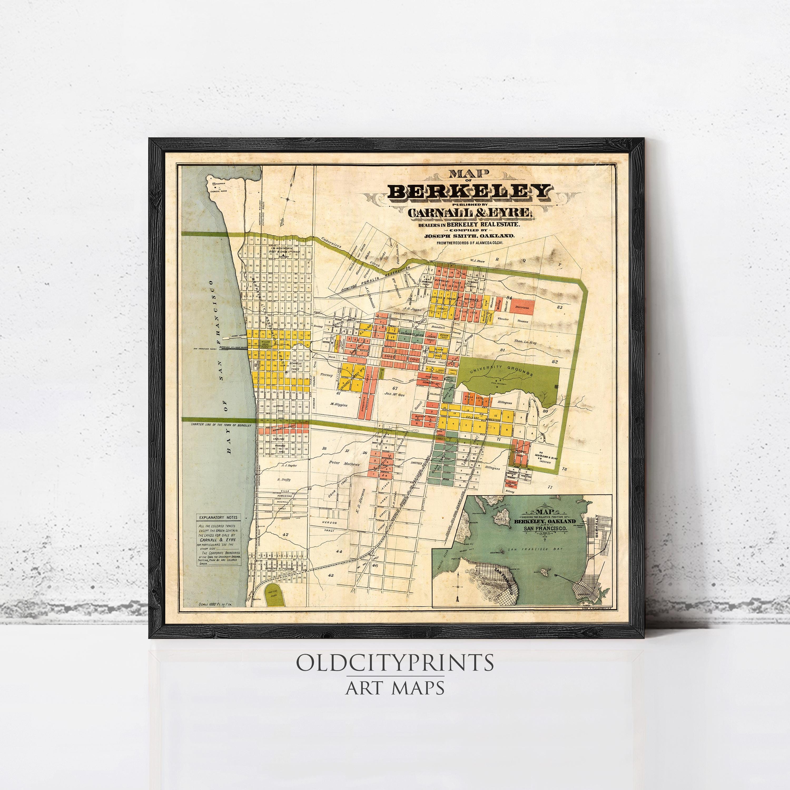The image is a framed vintage map of the city of Berkeley, California, showing the layout of the city and surrounding areas.