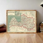 The image is a framed map of the country of Latvia, showing the country's geographical layout and boundaries.