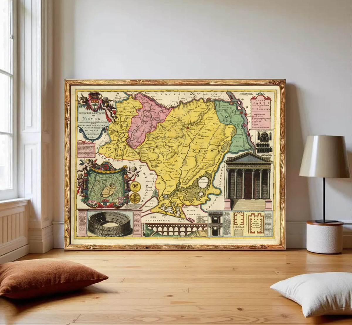 The image is a framed vintage map of the Nubia region, which includes illustrations of the Roman Colosseum, a temple, and other landmarks.