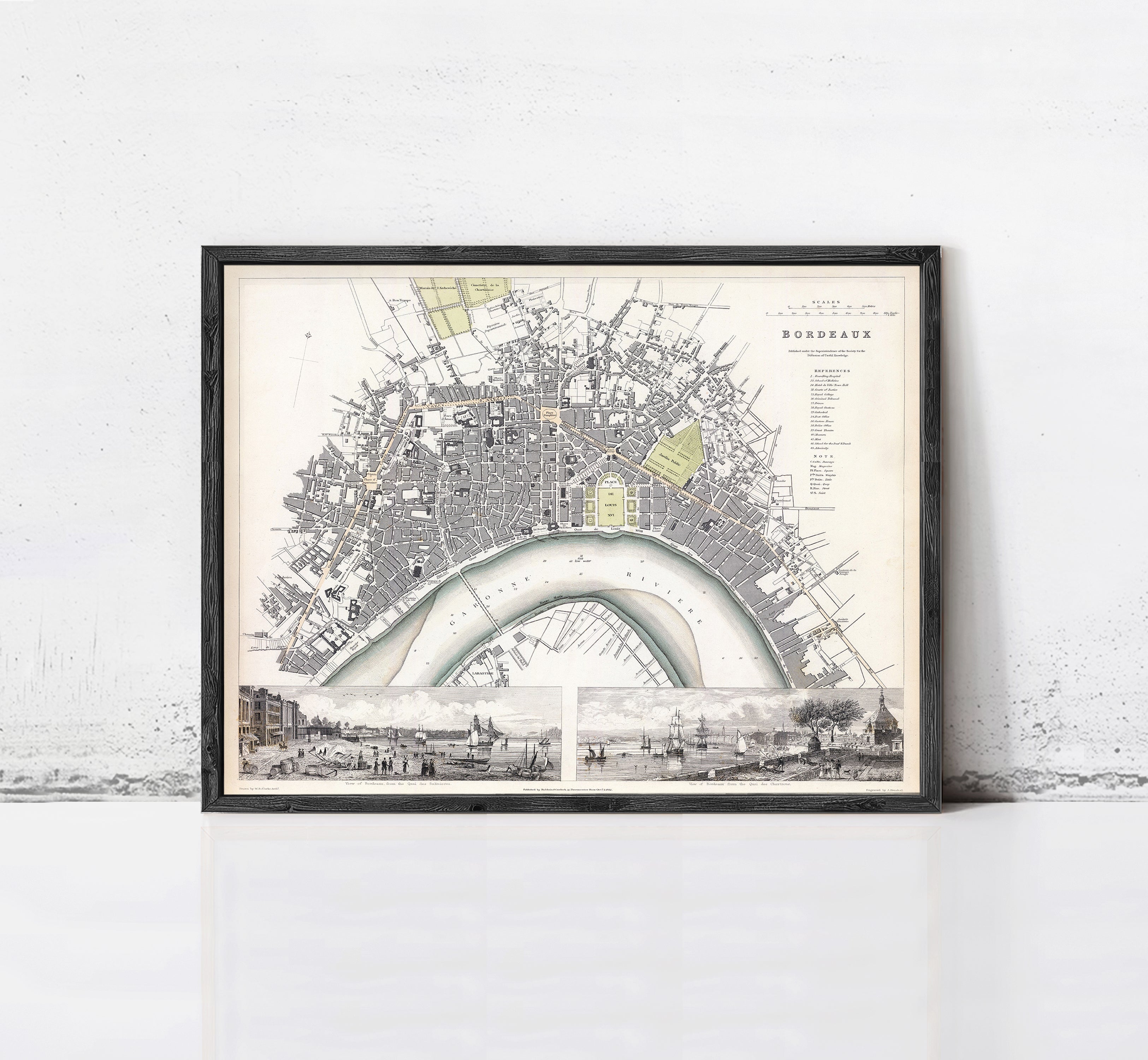 The image is a framed vintage map of the city of Paris, France, depicting the city's layout and surrounding areas.