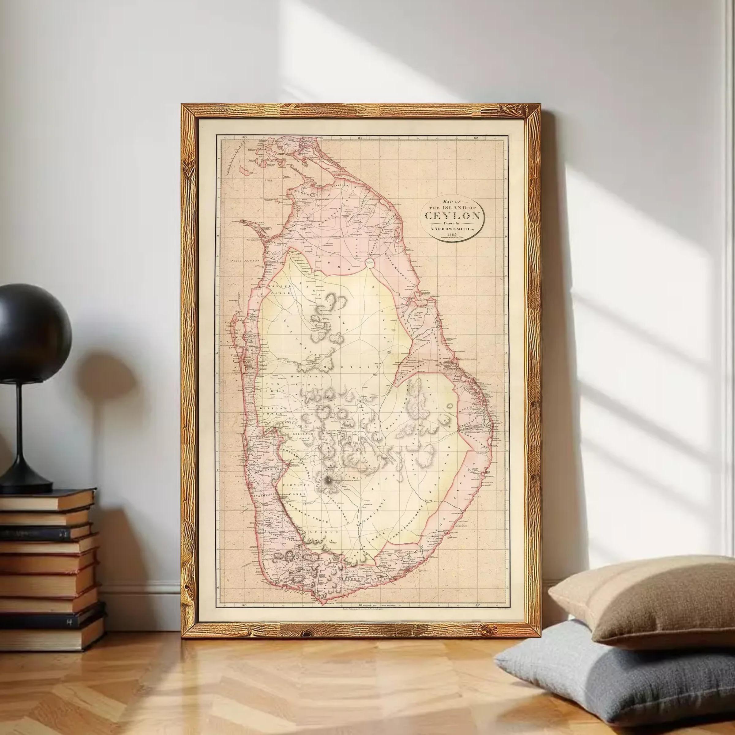 The image is a framed map of Sri Lanka, showing the country's geographical layout and boundaries.