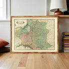 The image is a framed map of Germany and parts of Eastern Europe, depicting the country's geographical layout and surrounding areas.