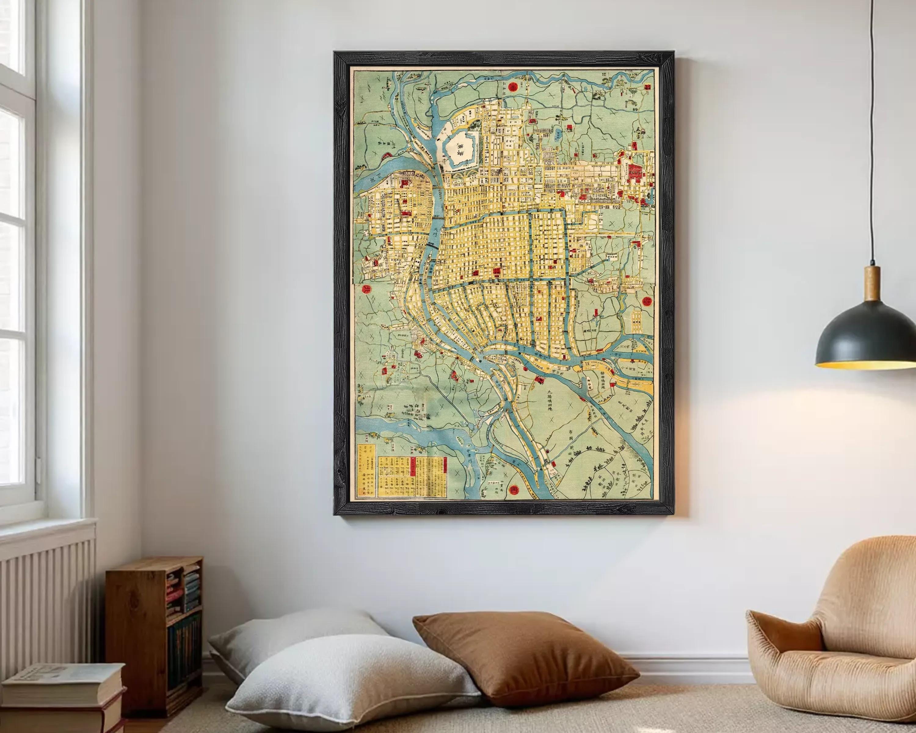 The image is a framed map of a city, likely from the 19th century, with various landmarks and streets depicted in a stylized manner.