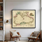 The image is a framed map of the world, depicting a detailed and intricate map with various geographical features and labels.